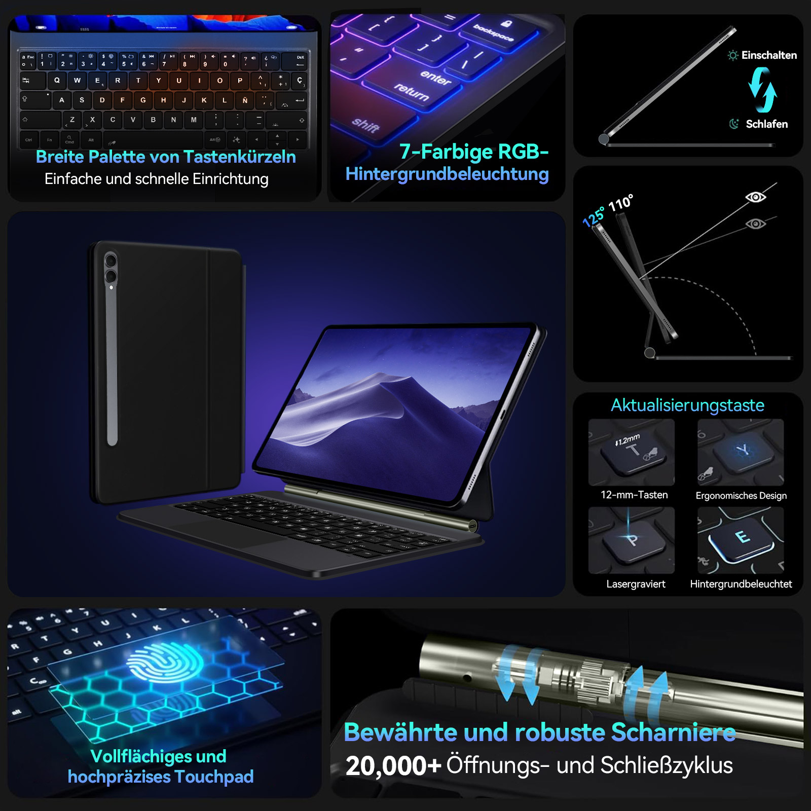 Tablet mit Tastatur, Touchpad und Scharnieren. RGB-Tasten, Fingerabdrucksensor.