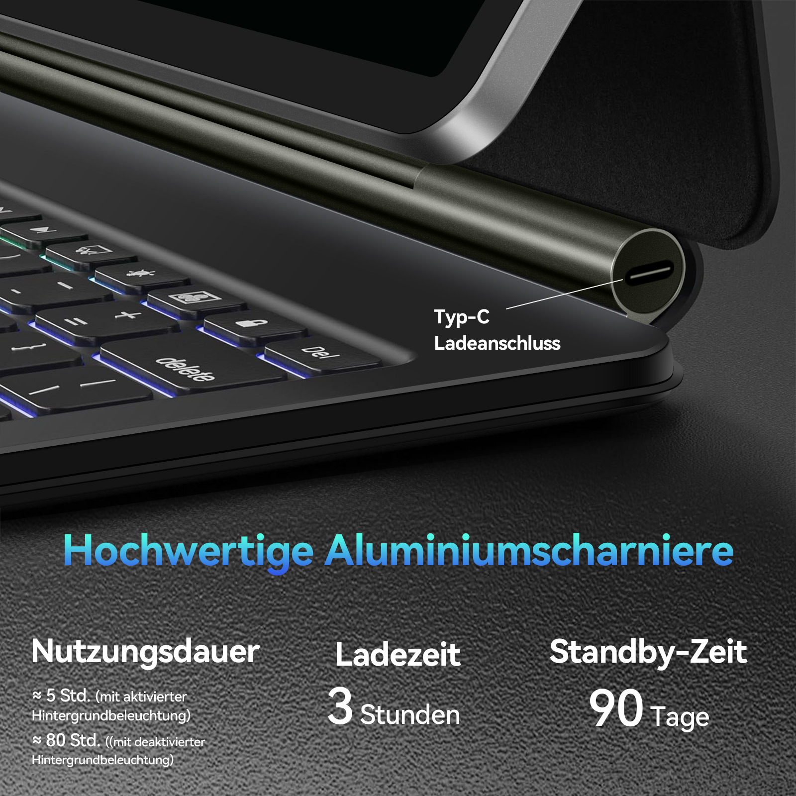 Hochwertige Aluminiumscharniere mit Typ-C Ladeanschluss, Nutzungsdauer, Ladezeit, Standby-Zeit.
