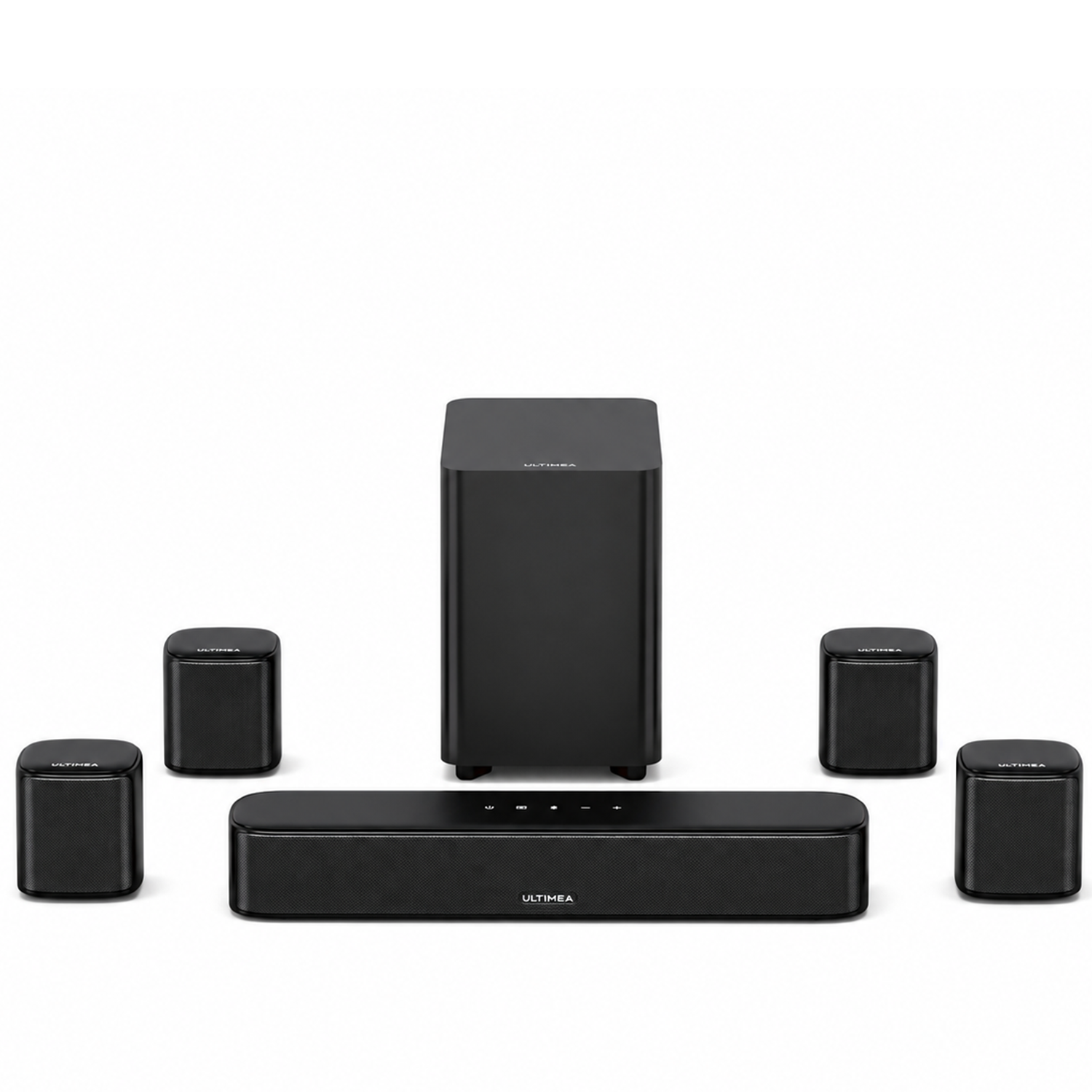 Schwarzes 5.1 Soundsystem mit Subwoofer, Soundbar und vier Satellitenlautsprechern.