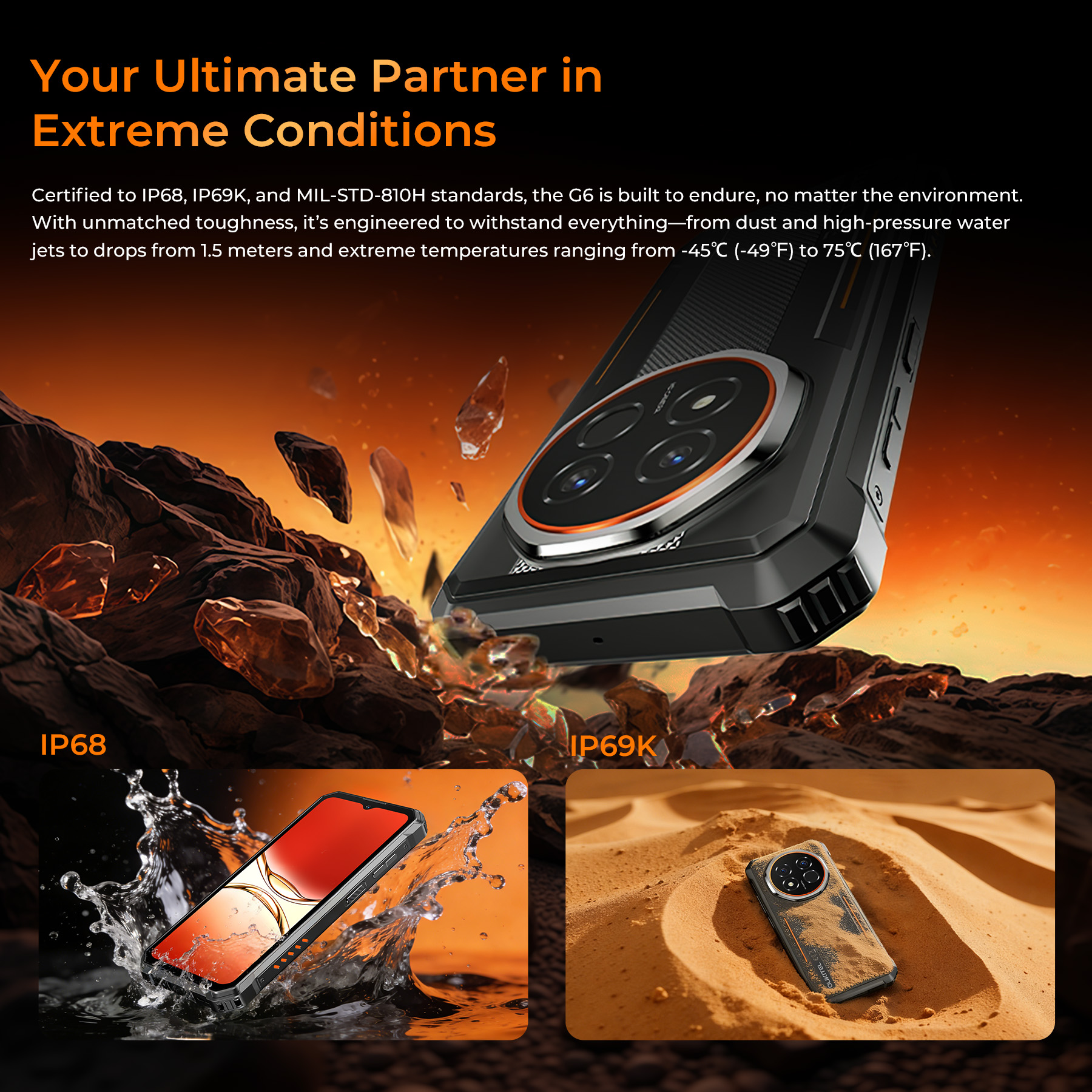 Uno smartphone robusto mostrato in un paesaggio roccioso, con acqua e sabbia.