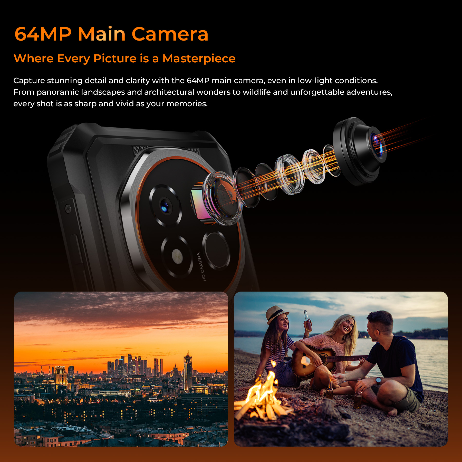 Telefono con fotocamera da 64MP, città al tramonto e amici vicino al falò.