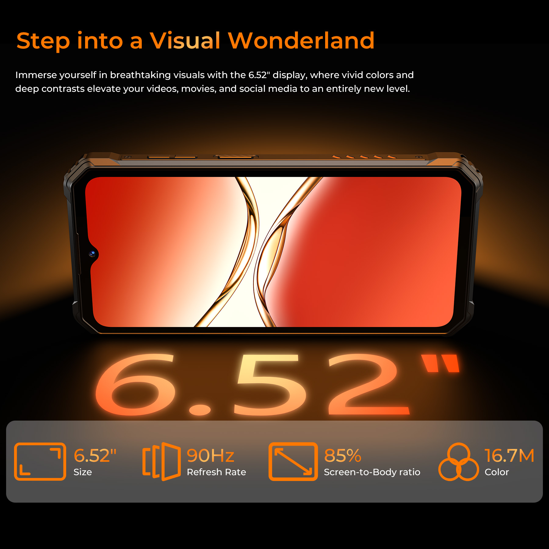 Uno smartphone robusto con display da 6,52 pollici, 90Hz, rapporto schermo-corpo 85%.