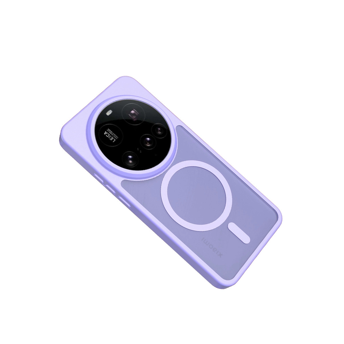Yuvarlak kamera modülü ve Xiaomi logosu olan mor telefon kılıfı.