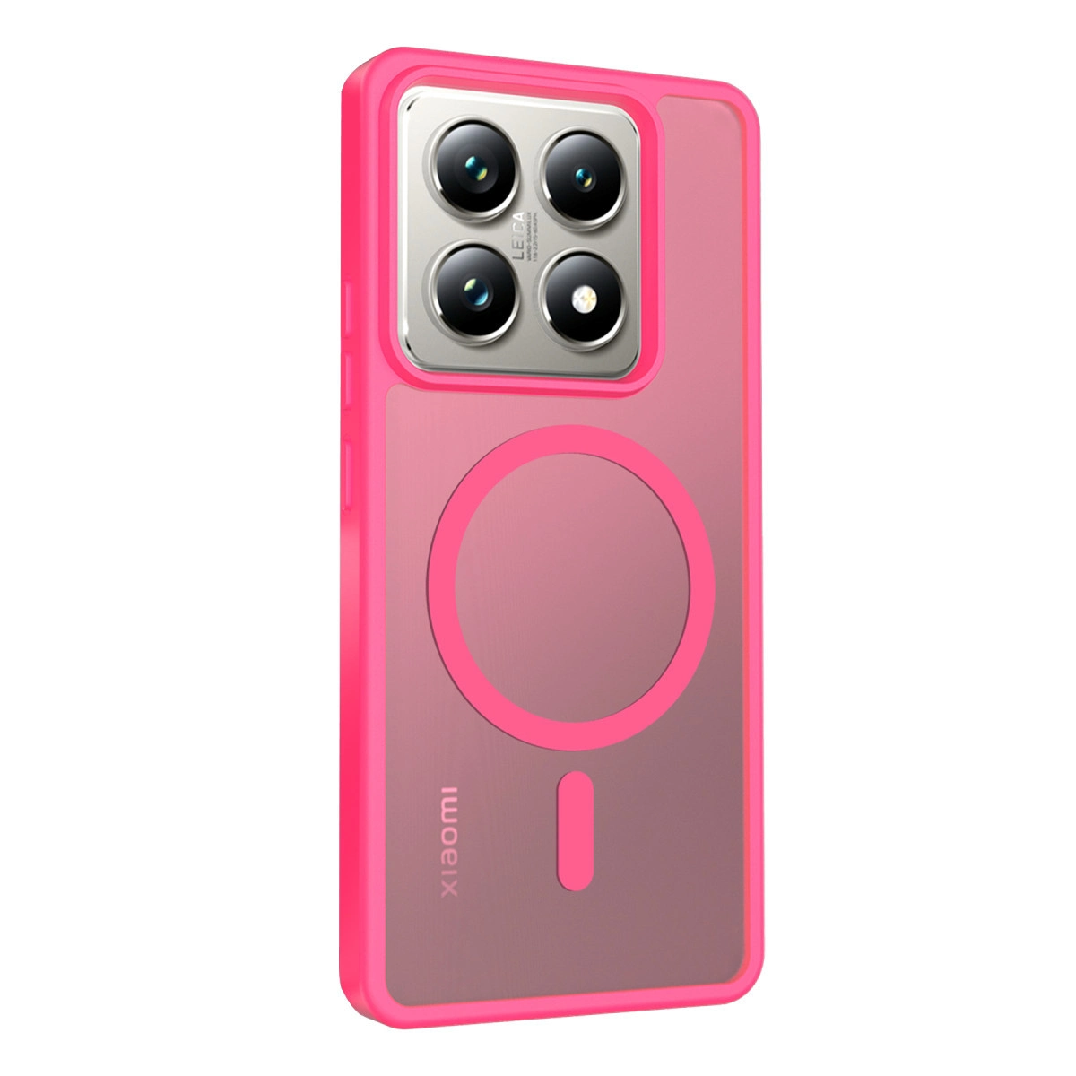 Dört kameralı ve manyetik halkalı pembe telefon kılıfı.