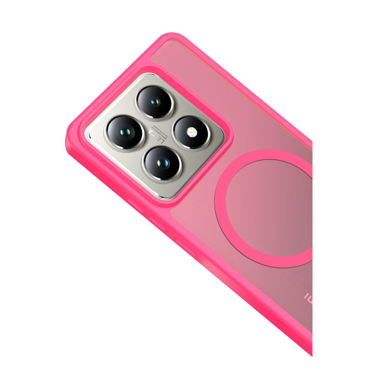 Dörtlü kamera ve manyetik halkalı pembe telefon kılıfı.