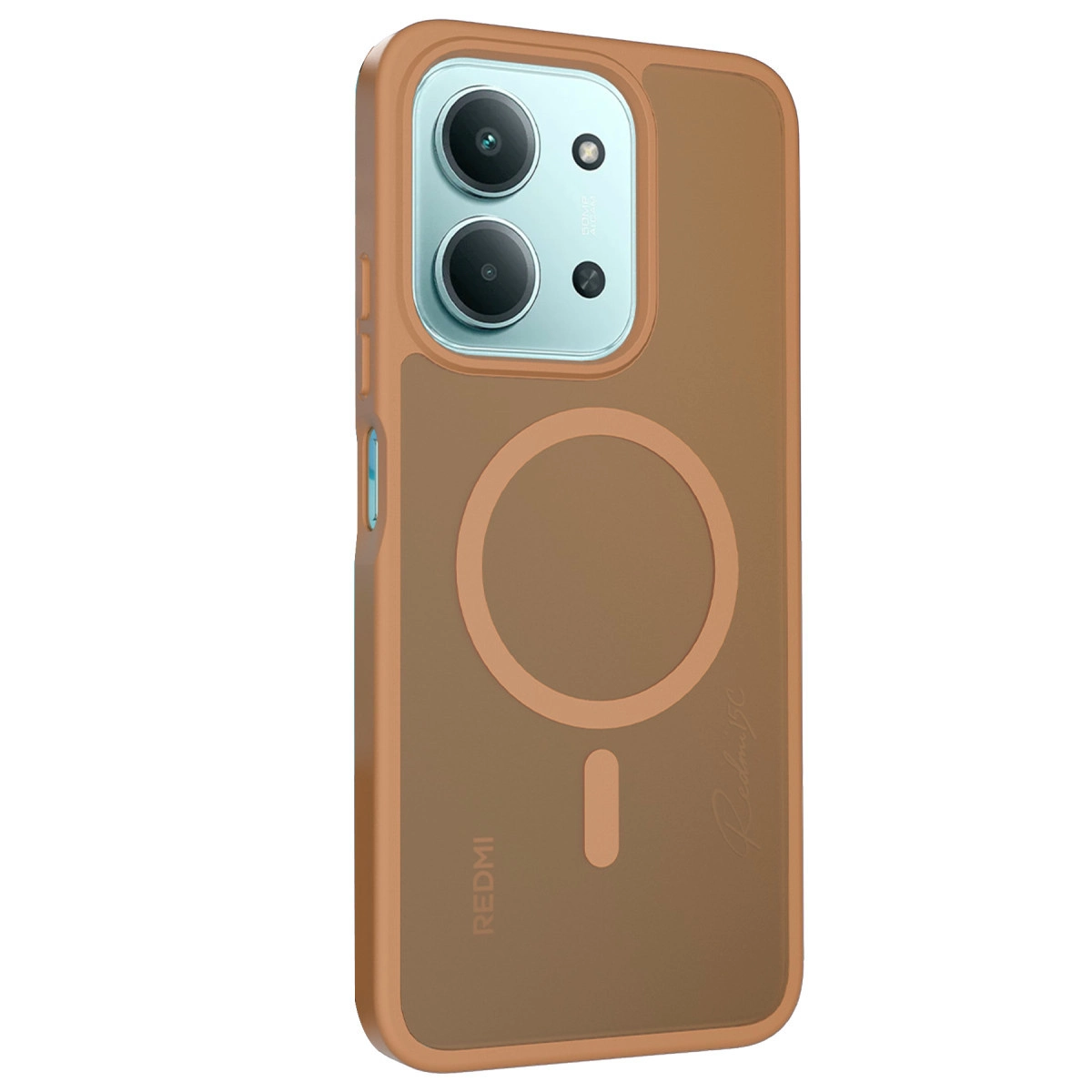 Kamera modülü ve manyetik halkalı kahverengi telefon kılıfı.