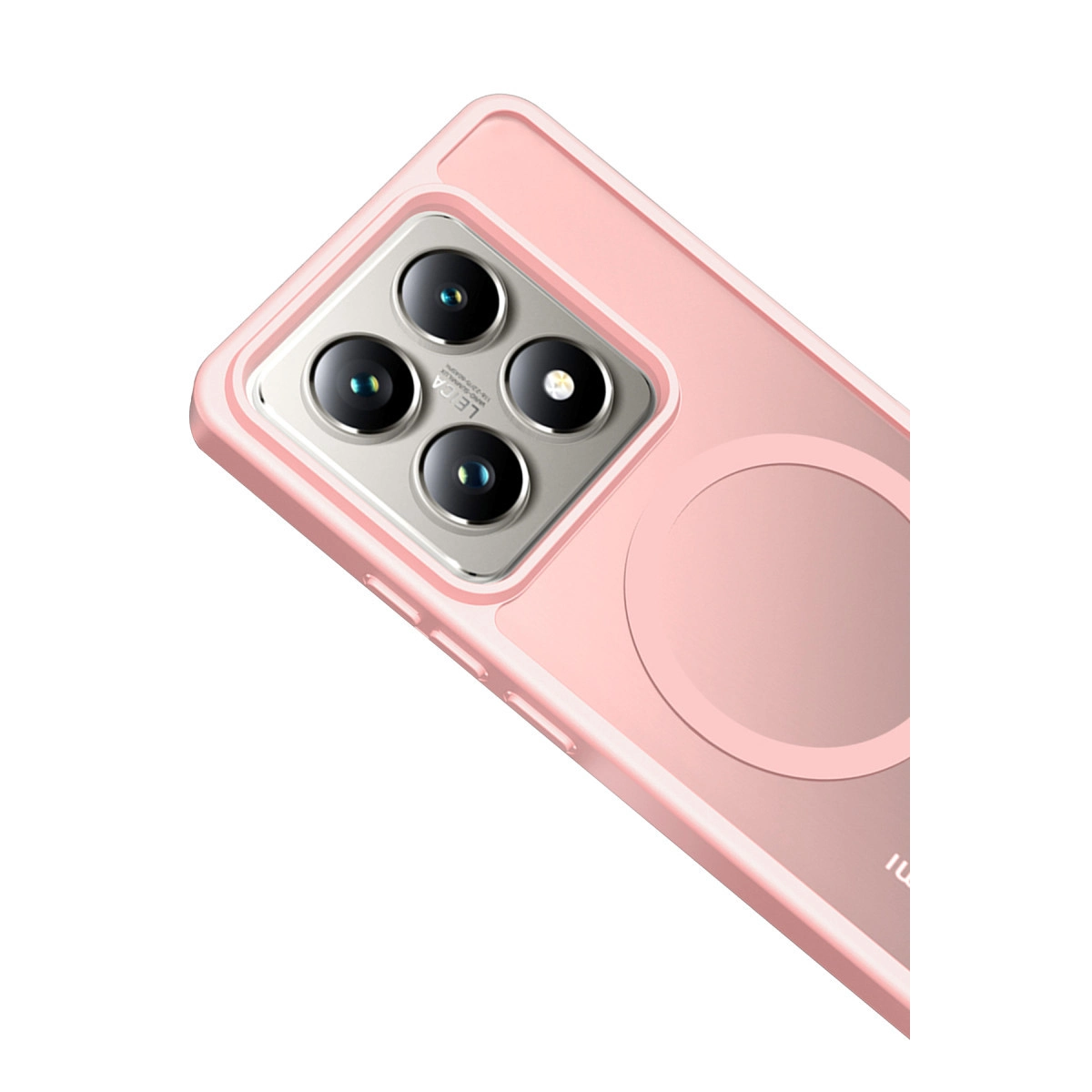 Dört kameralı ve dairesel manyetik halkalı pembe telefon kılıfı.