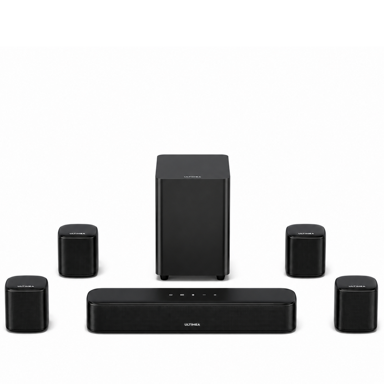 Ein schwarzes 5.1-Lautsprecher-System mit einem Subwoofer, einer Soundbar und vier Satellitenlautsprechern.