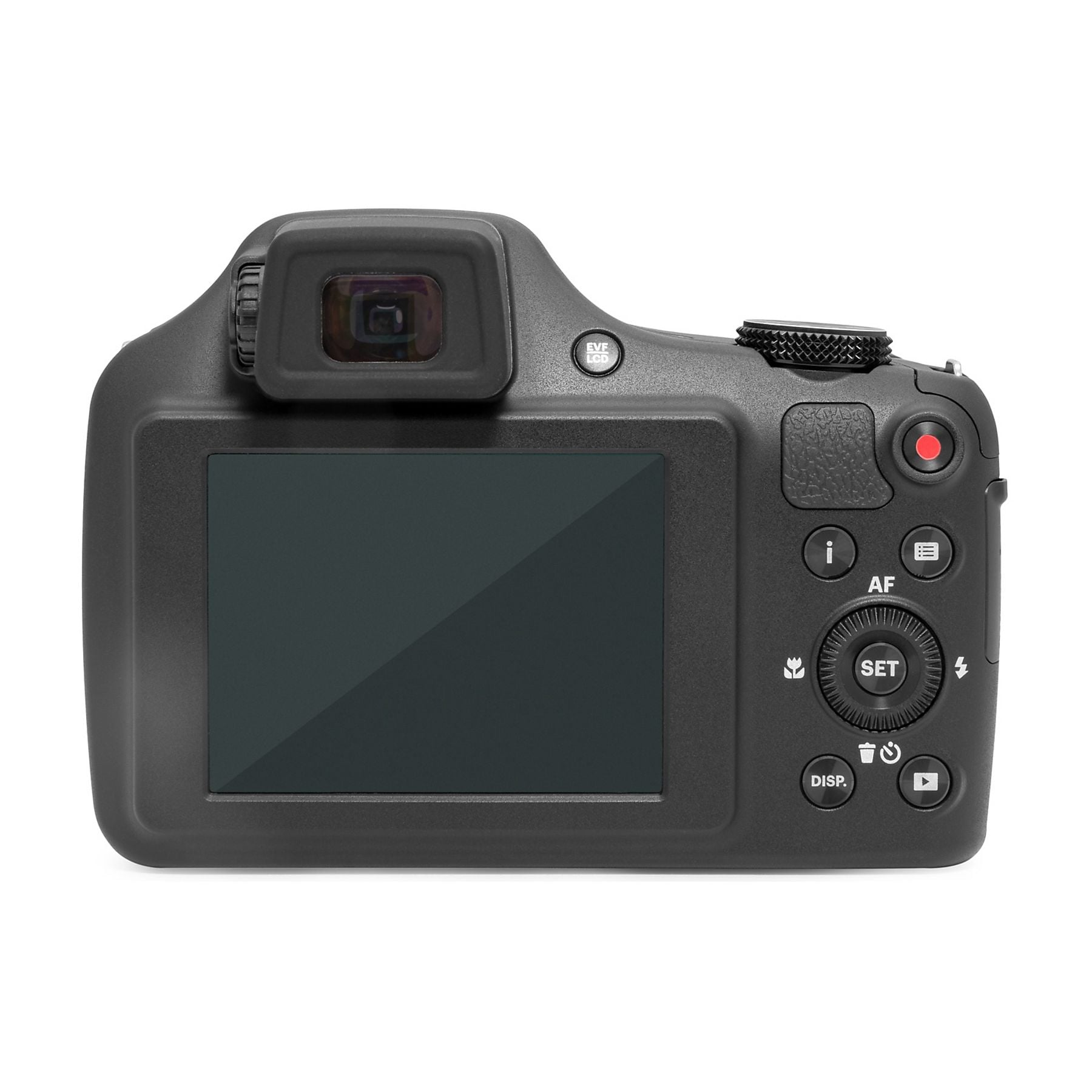 Achterkant van een zwarte digitale camera met LCD-scherm en bedieningsknoppen.