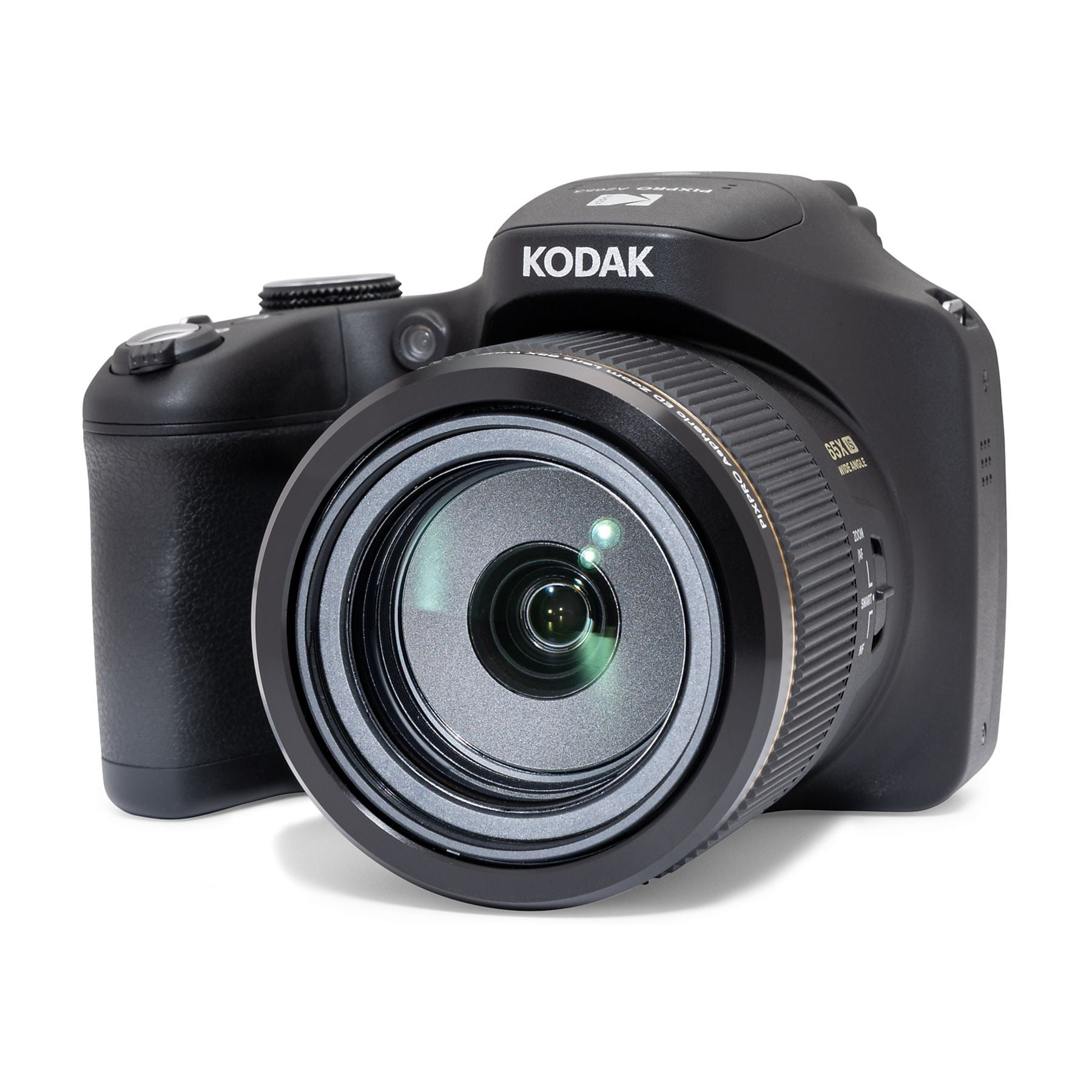Een zwarte Kodak digitale camera met een grote lens en zilveren bedieningselementen.