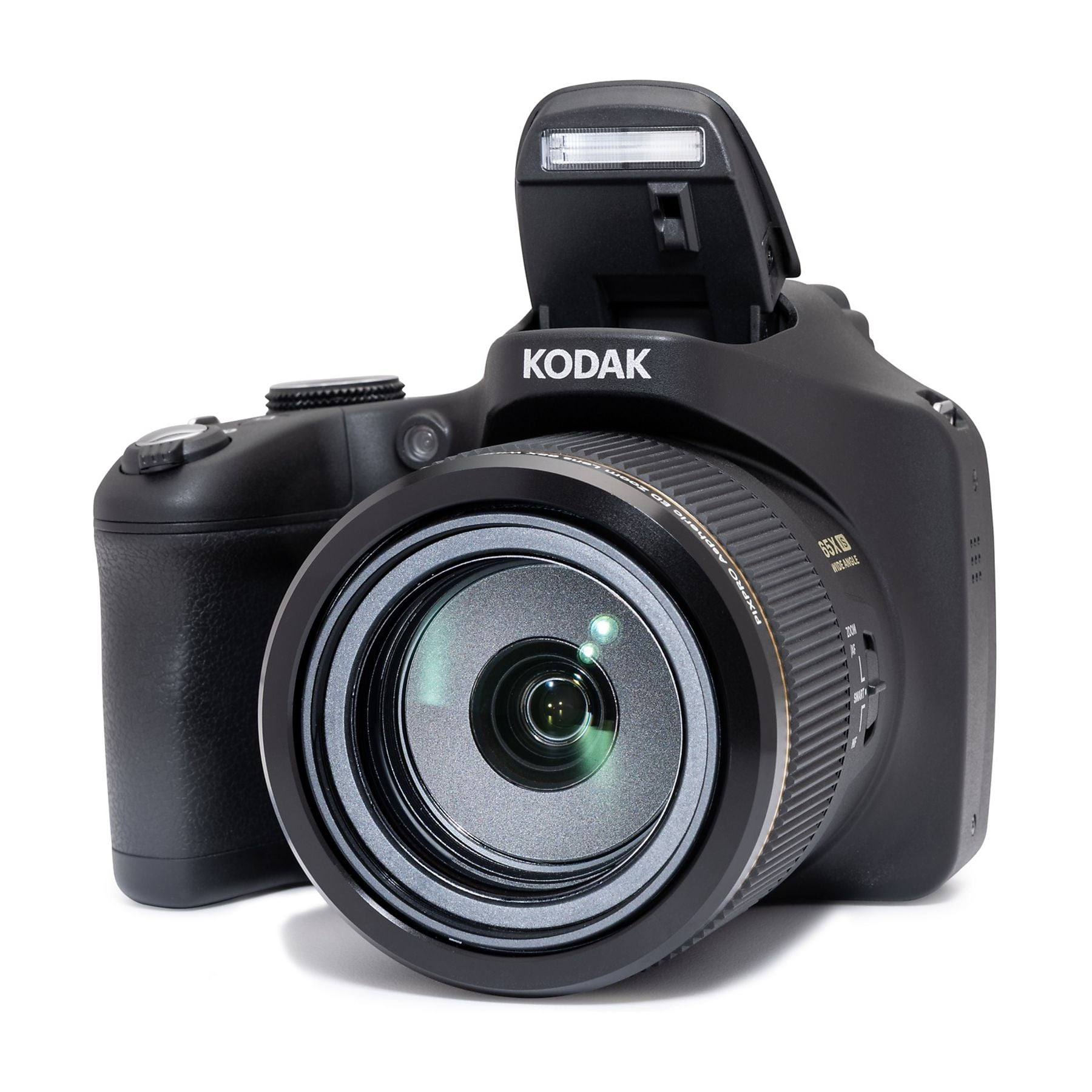 Zwarte Kodak digitale camera met uitklapbare flitser en grote lens.