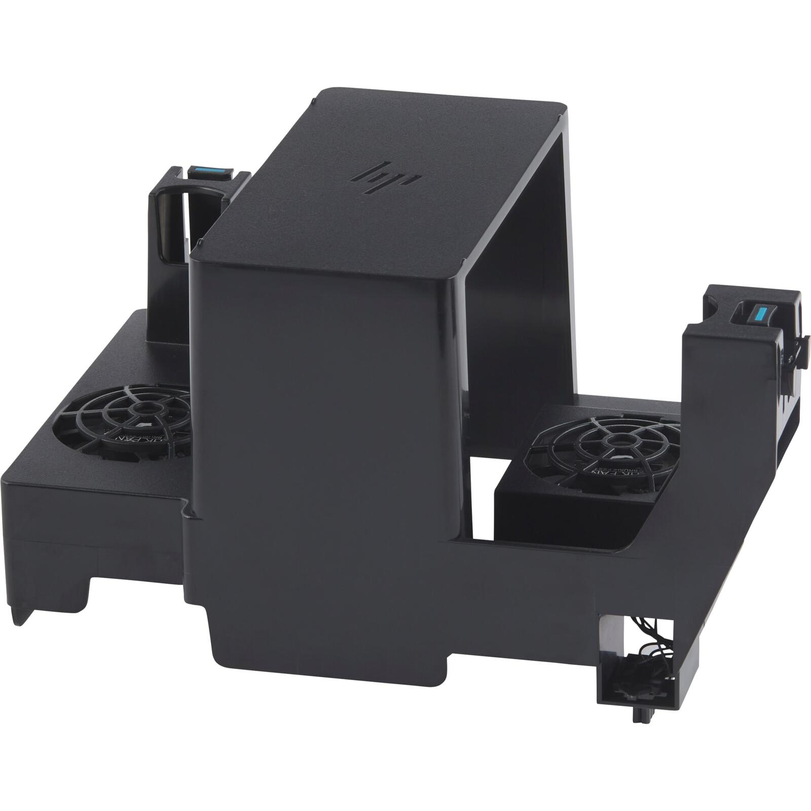 Supporto nero per laptop con ventole e logo HP.