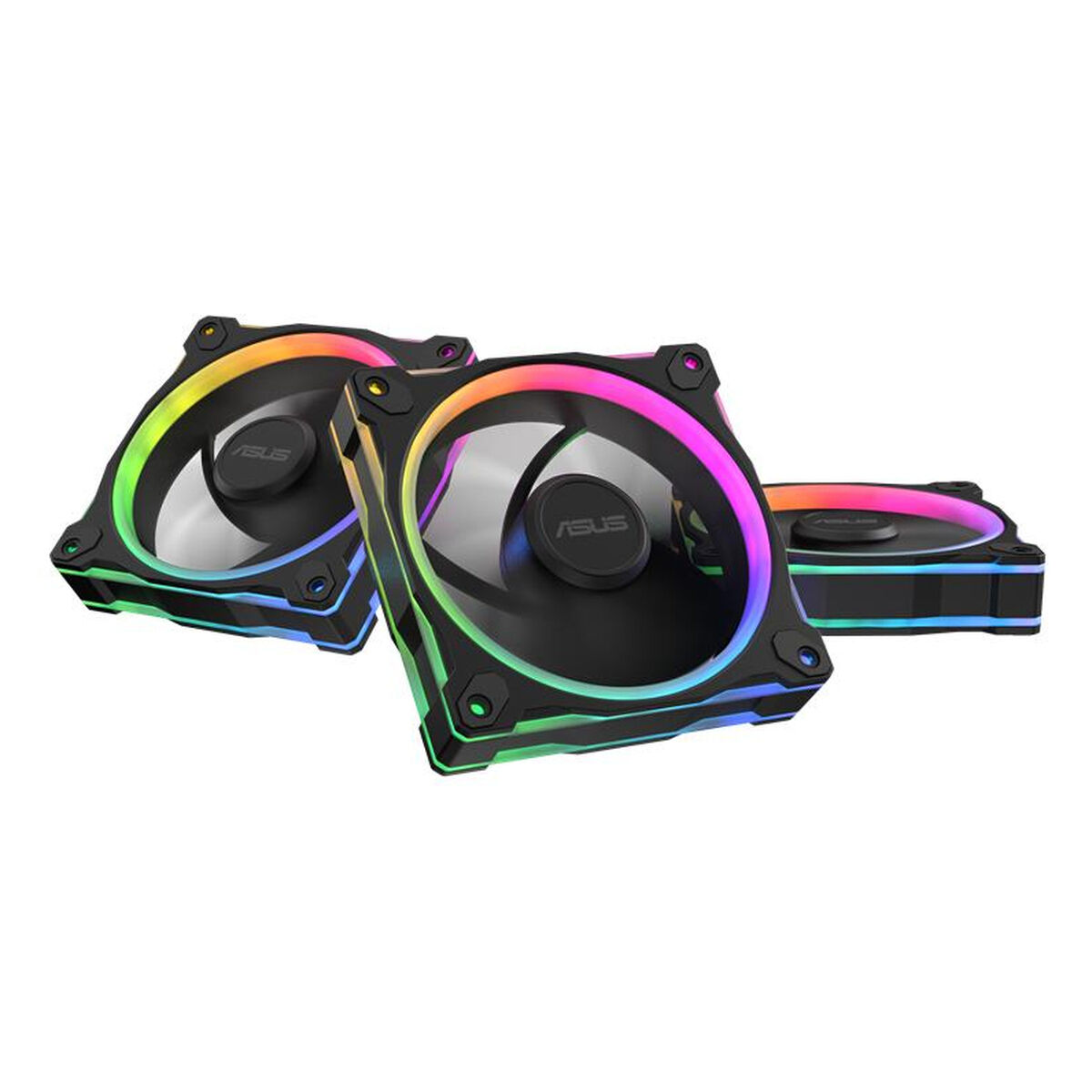 Drie zwarte ASUS-ventilatoren met RGB-verlichting op witte achtergrond.