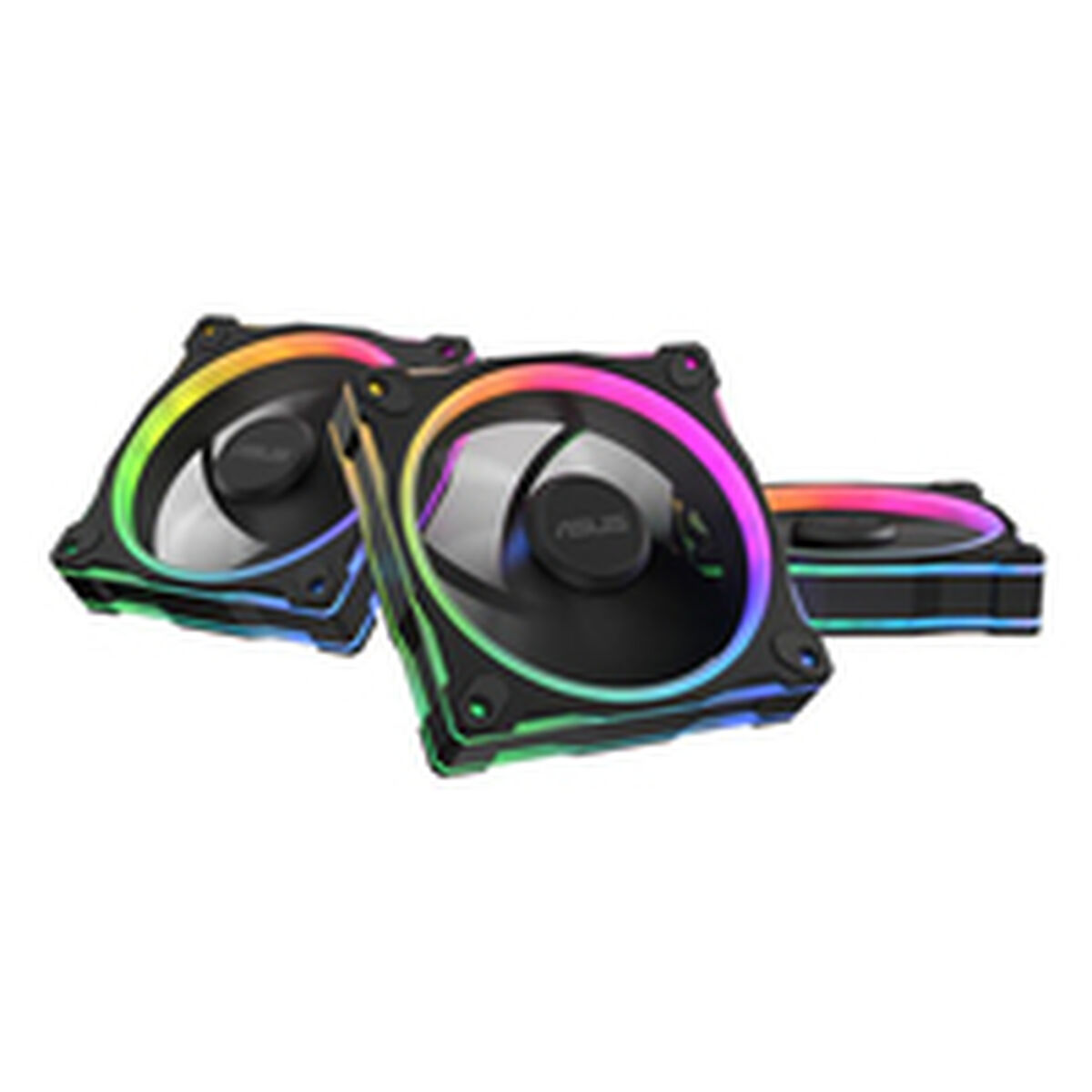 Twee zwarte computerfans met kleurrijke RGB-verlichting op witte achtergrond.
