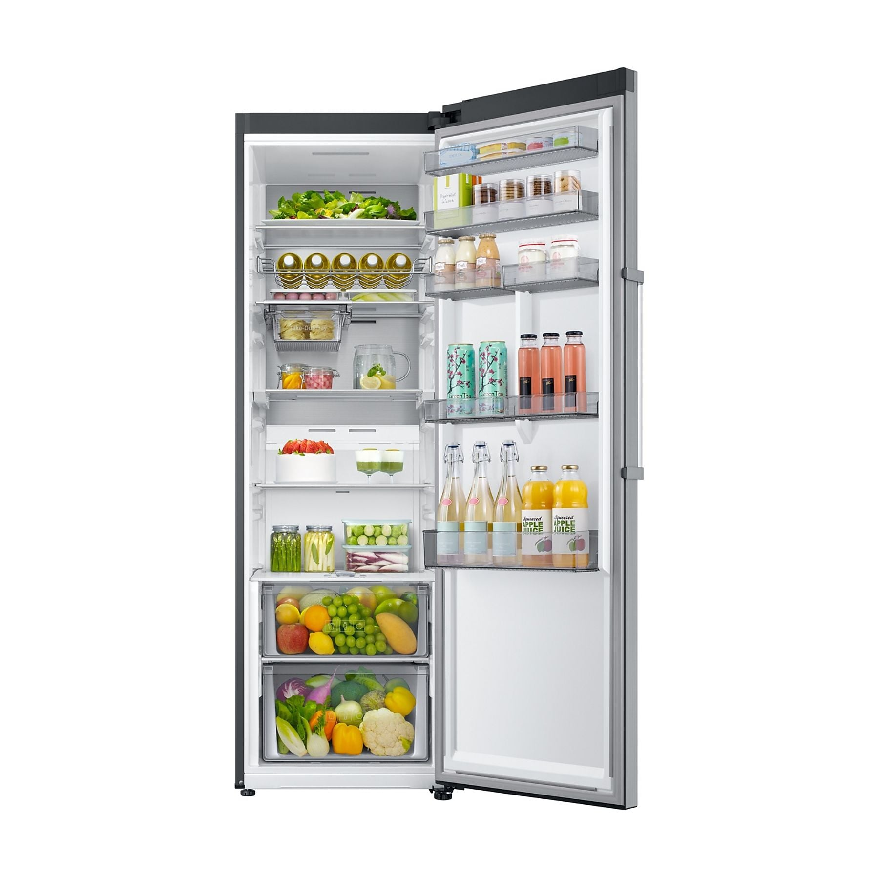 Réfrigérateur ouvert garni de fruits, légumes, boissons et produits laitiers.