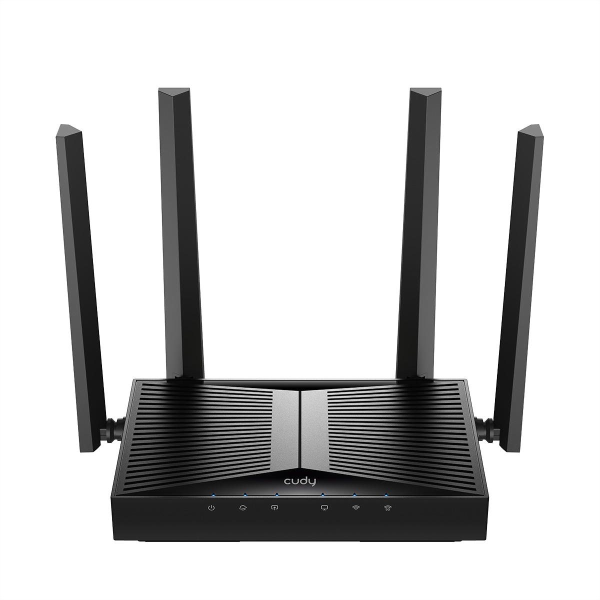 Zwarte Cudy router met vier antennes. Voorste lampjes geven stroom- en netwerkstatus aan.