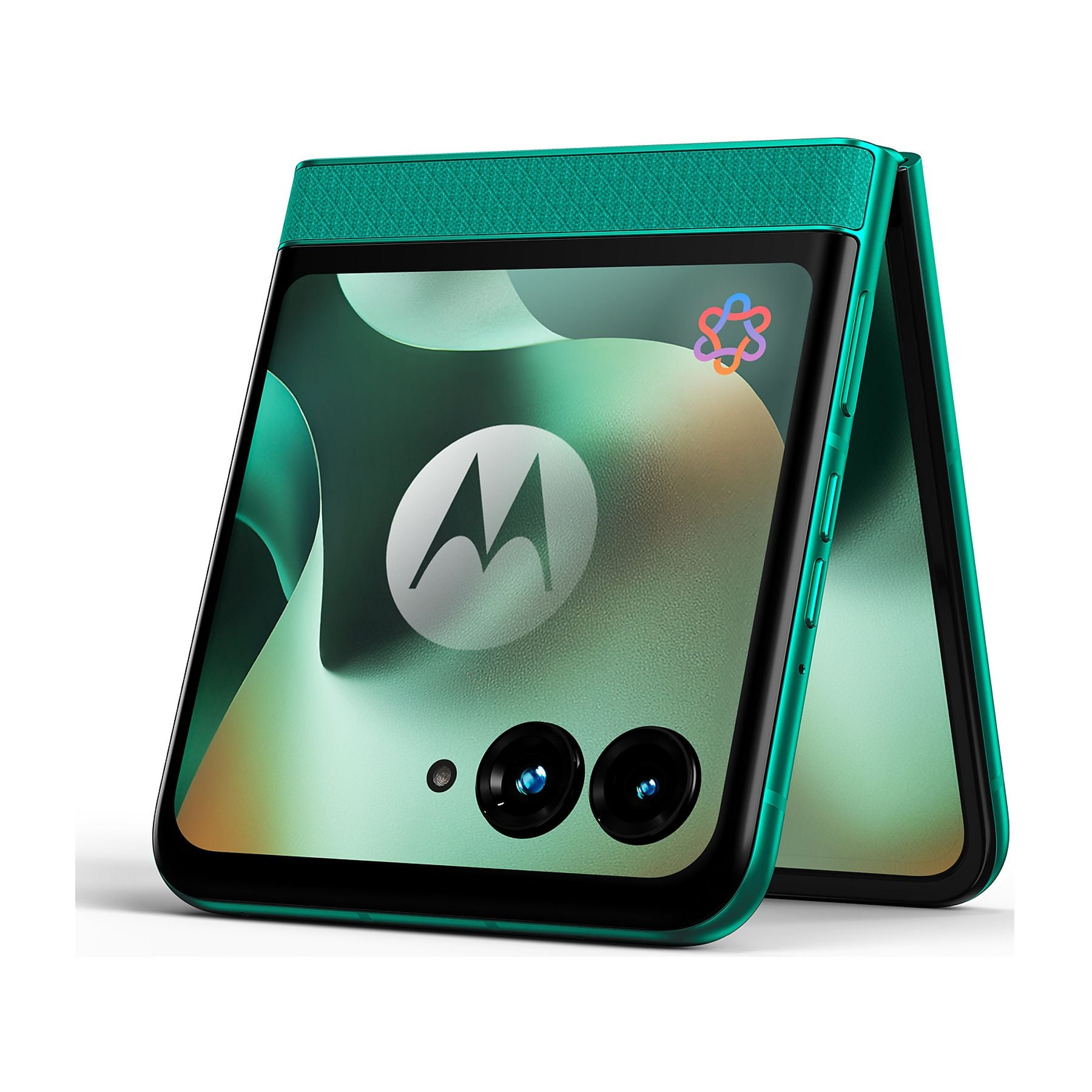 Ein aufgestelltes, türkisfarbenes Motorola Razr Smartphone mit zwei Kameras auf der Rückseite.