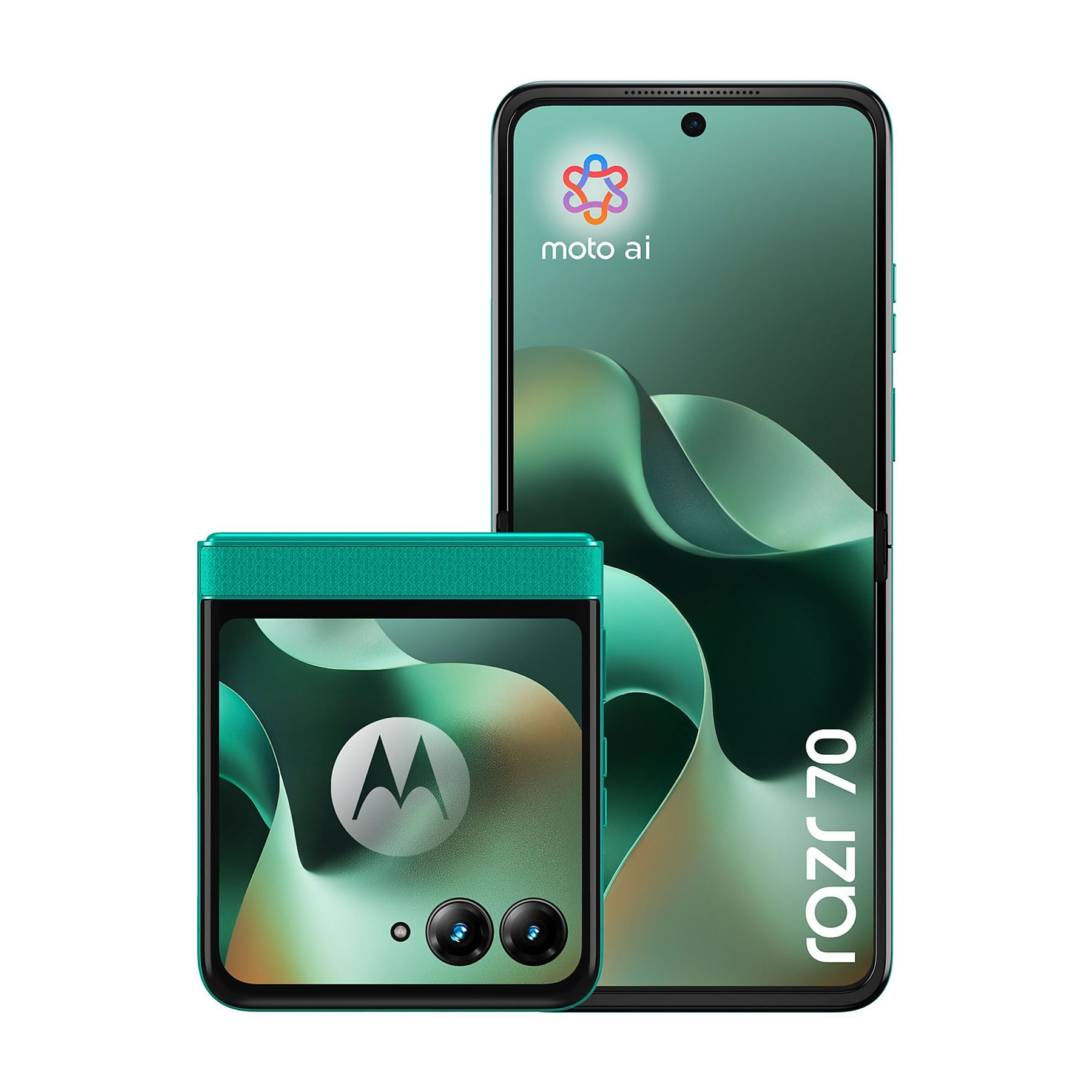 Zwei Motorola Razr 70 Handys in Türkis, eines offen, eines geschlossen.