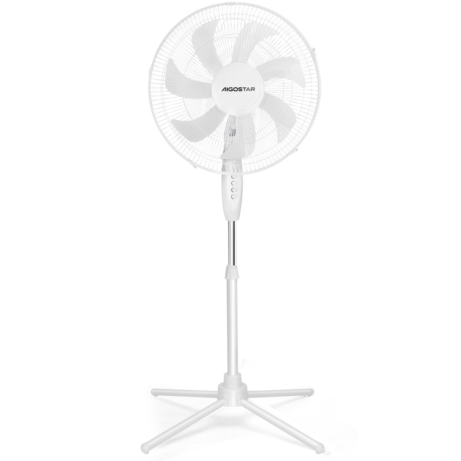 Un ventilador de pie blanco Aigostar con cinco aspas sobre base trípode.