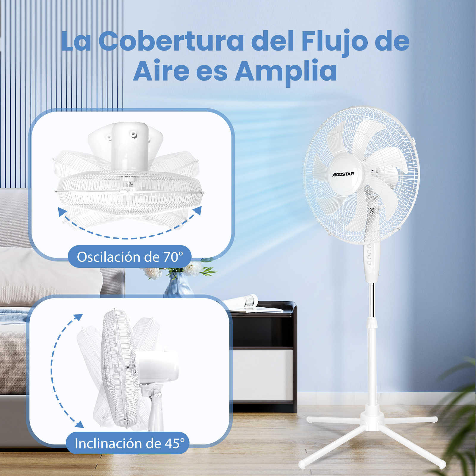 Un ventilador de pie blanco con oscilación de 70° y 45°.