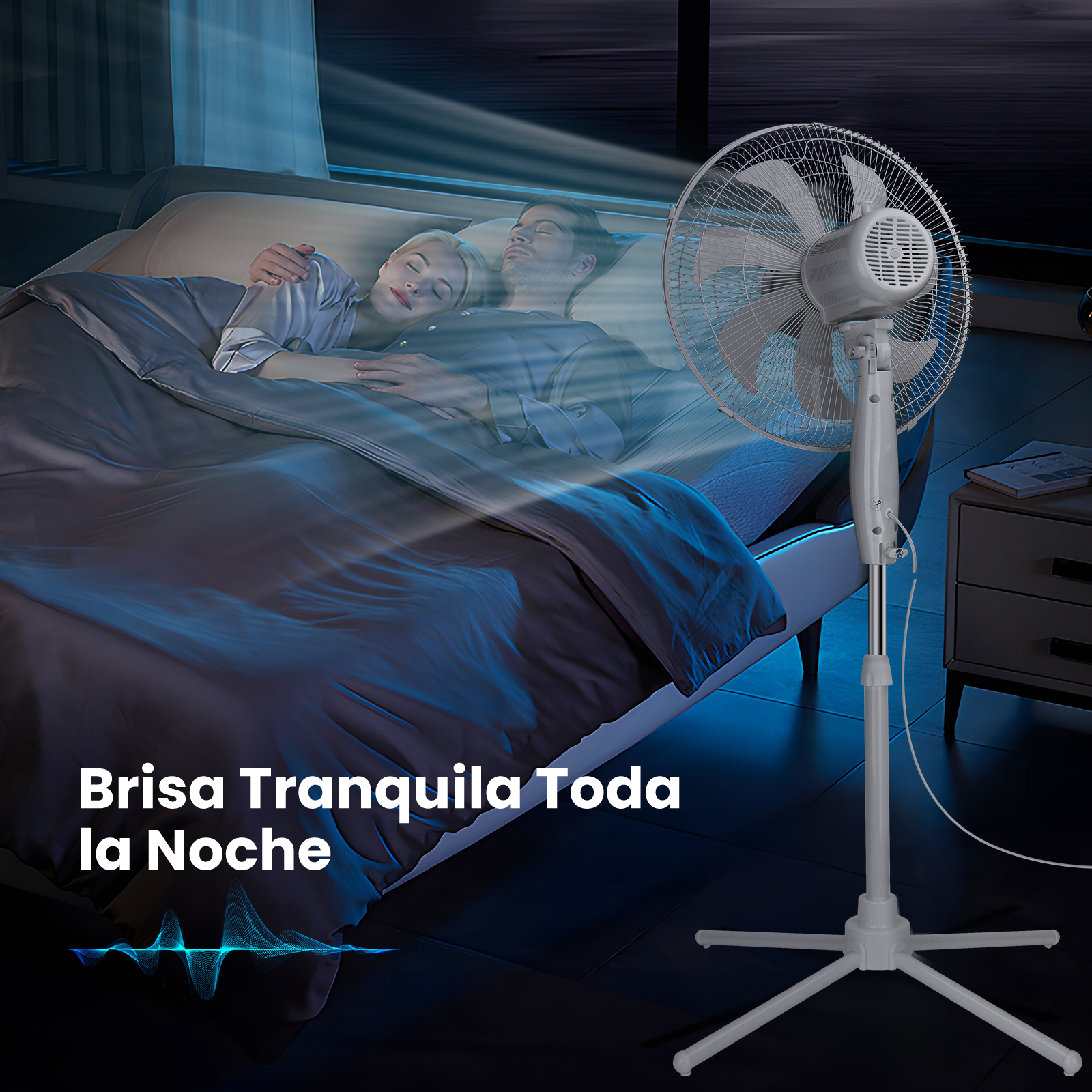 Un hombre y una mujer duermen en la cama, un ventilador sopla aire.