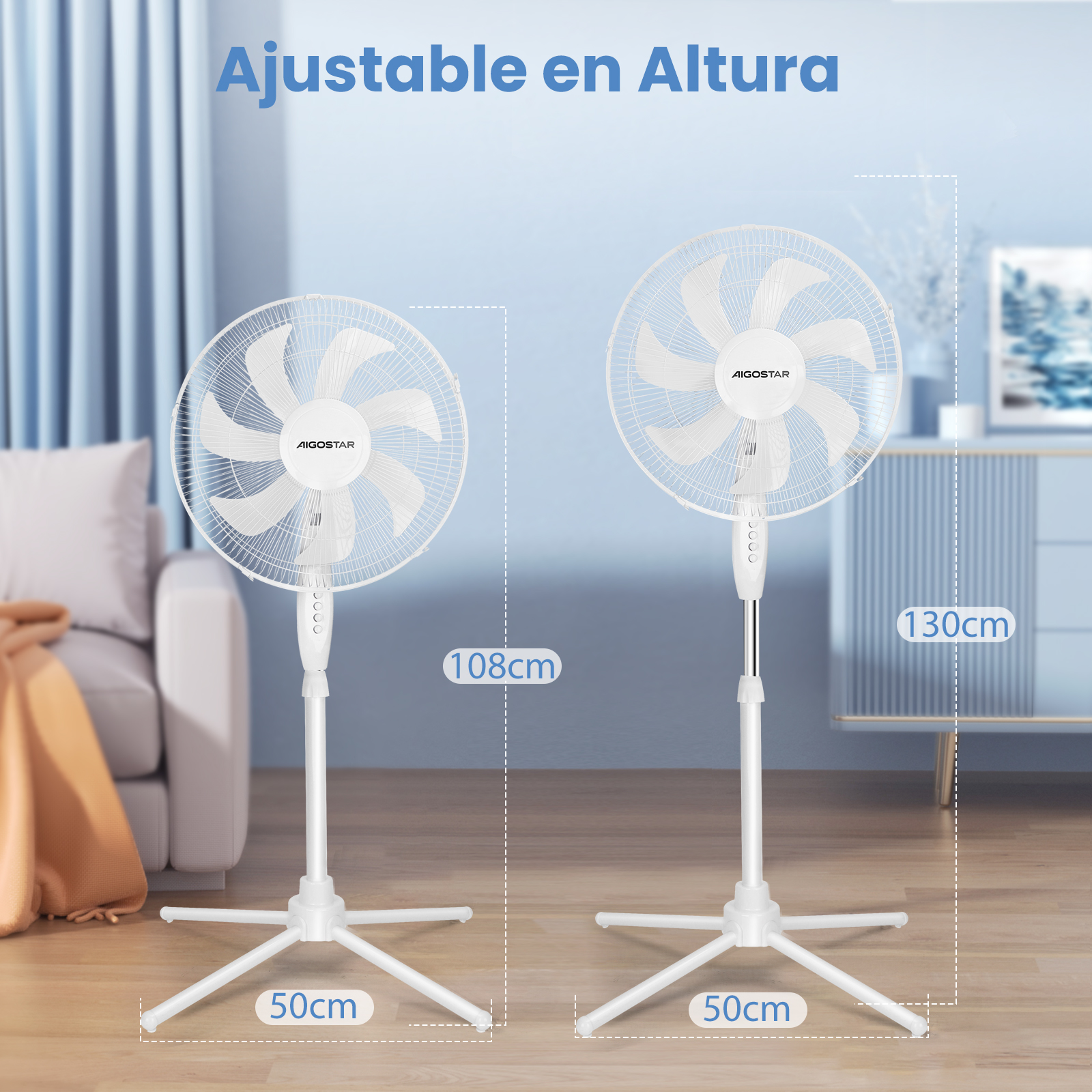 Dos ventiladores de pie blancos en suelo de madera, uno 108cm, otro 130cm.