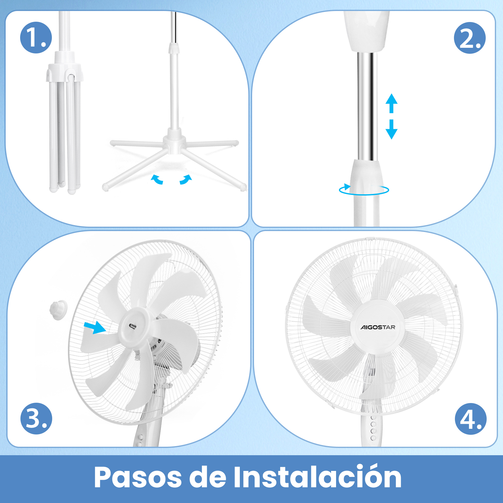 Guía paso a paso para el montaje del ventilador: base, soporte y aspas.