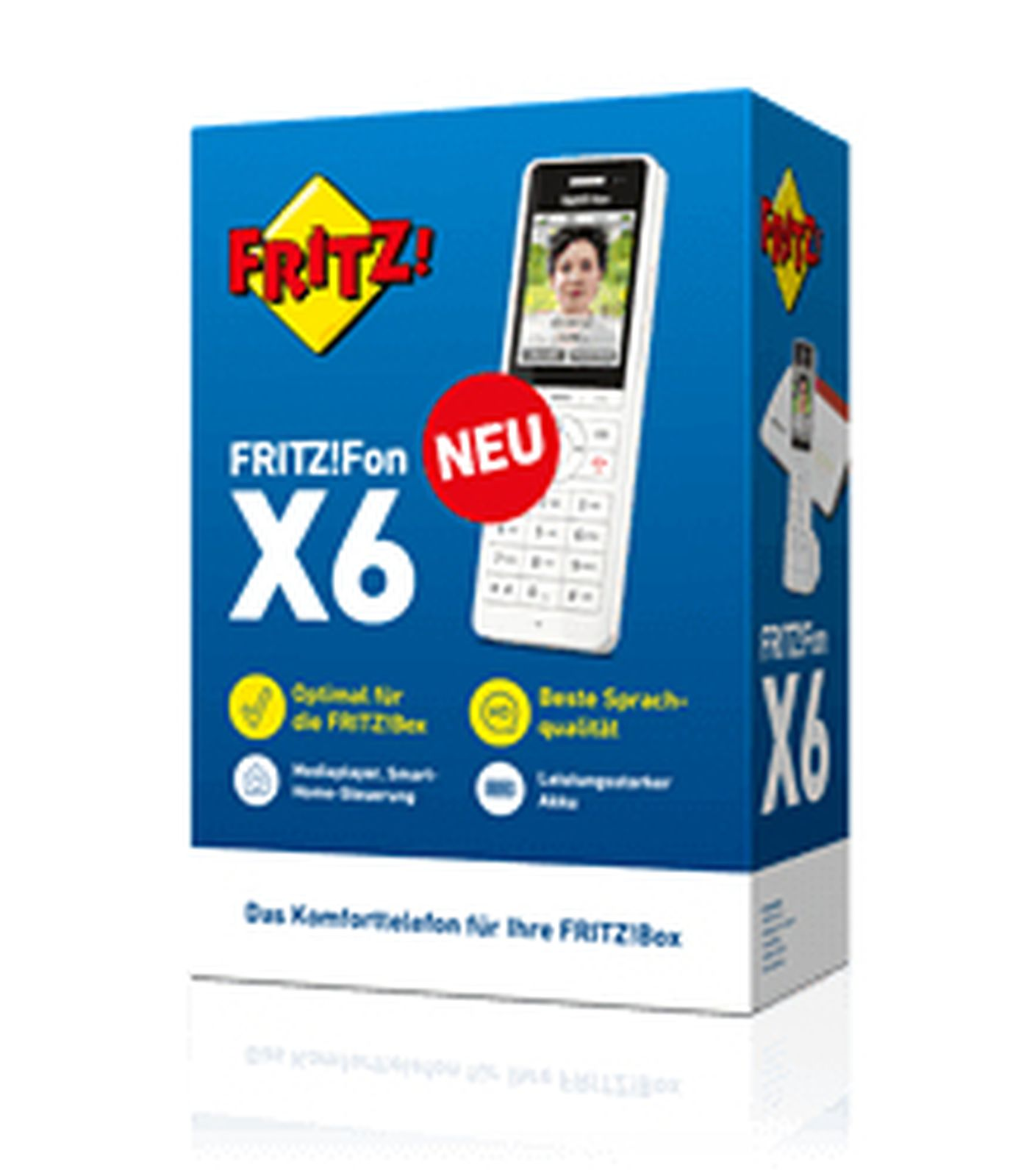 Emballage d'un FRITZ!Fon X6 avec téléphone et logos.
