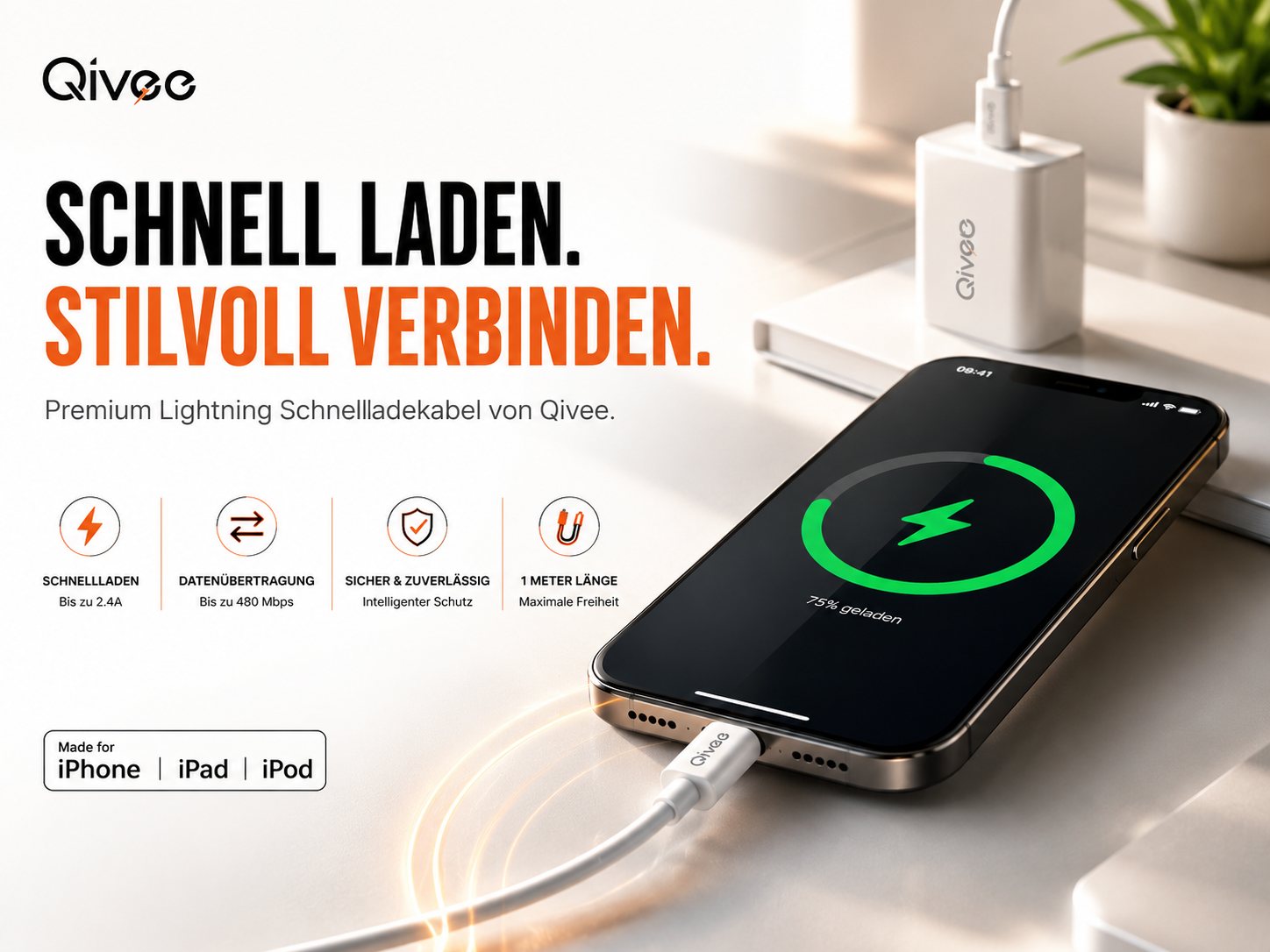 Qivee Lightning Kabel lädt ein iPhone (75%) mit einem weißen Netzteil.