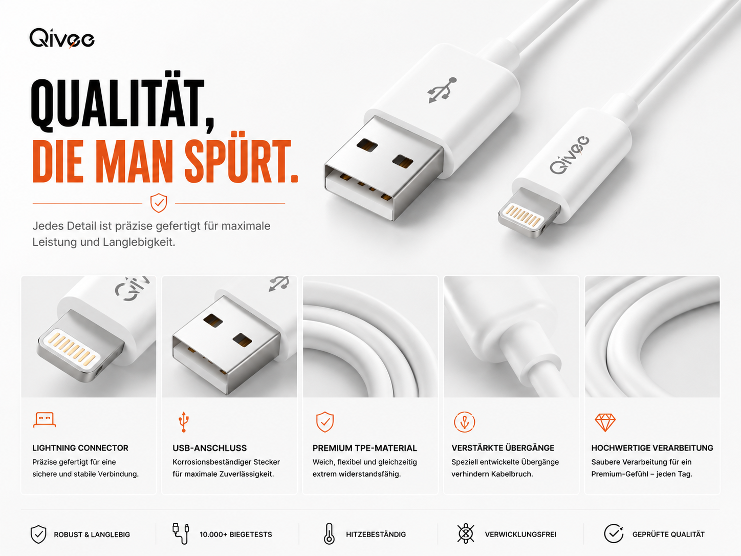 Qivec Ladekabel mit USB-A und Lightning-Anschluss, detaillierte Ansichten.