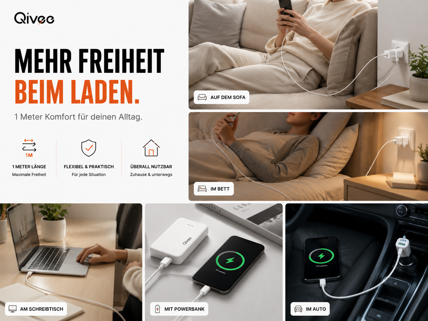 Qivec Ladekabel: Frei laden auf Sofa, Bett, Schreibtisch, Powerbank & Auto.