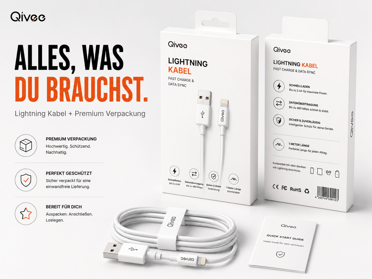 Qivec Lightning Kabel mit USB-A-Stecker, verpackt und ausgebreitet, mit Bedienungsanleitung.