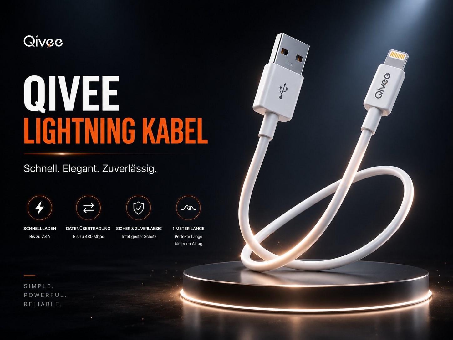 Qivvee weißes Lightning-Kabel mit USB-A-Anschluss auf dunklem Hintergrund.