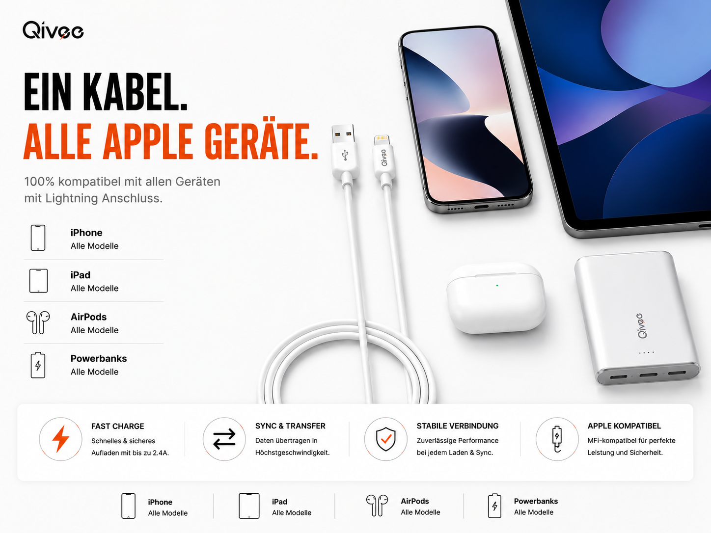 Qivec Kabel für Apple Geräte: iPhone, iPad, AirPods, Powerbanks. Schnellladen, Sync, stabil.