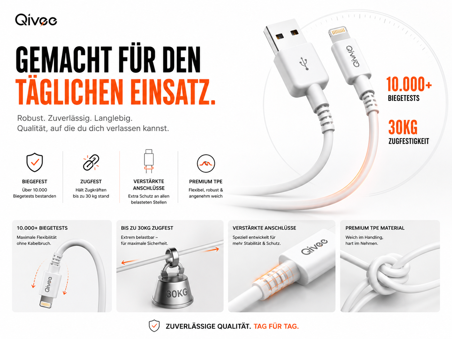 Qivee Kabel: biegefest, zugfest bis 30kg, verstärkte Anschlüsse, Premium TPE.