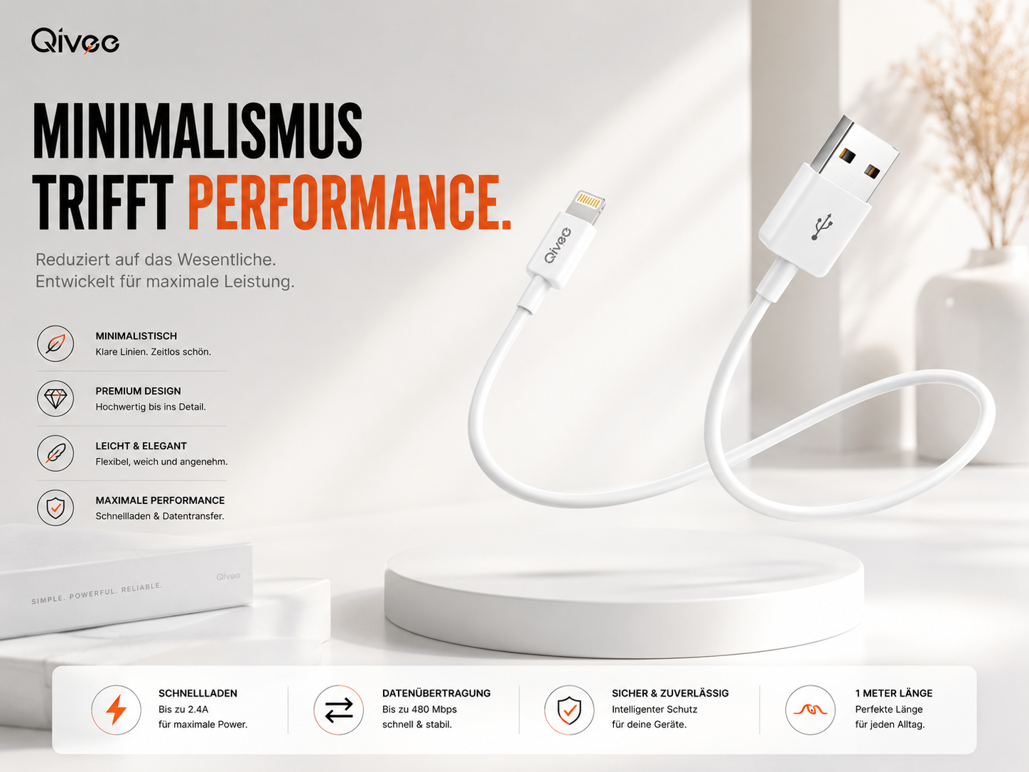 Ein weißes USB-zu-Lightning-Kabel von Qivec mit USB-A- und Lightning-Steckern. Text hebt Leistung hervor.