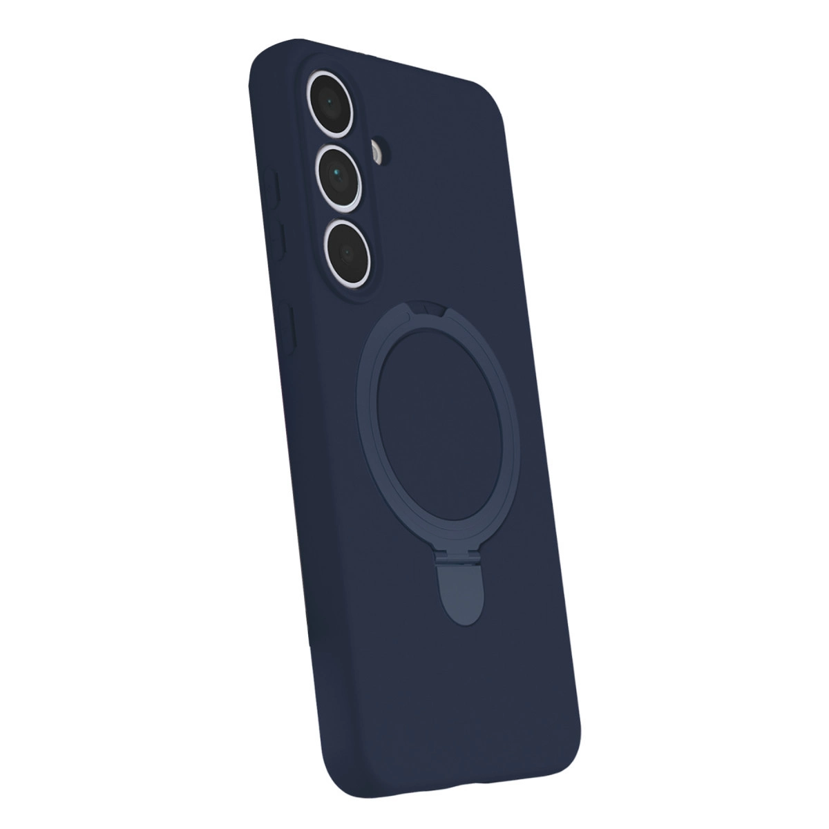 Üç kameralı ve halka tutuculu lacivert telefon kılıfı.