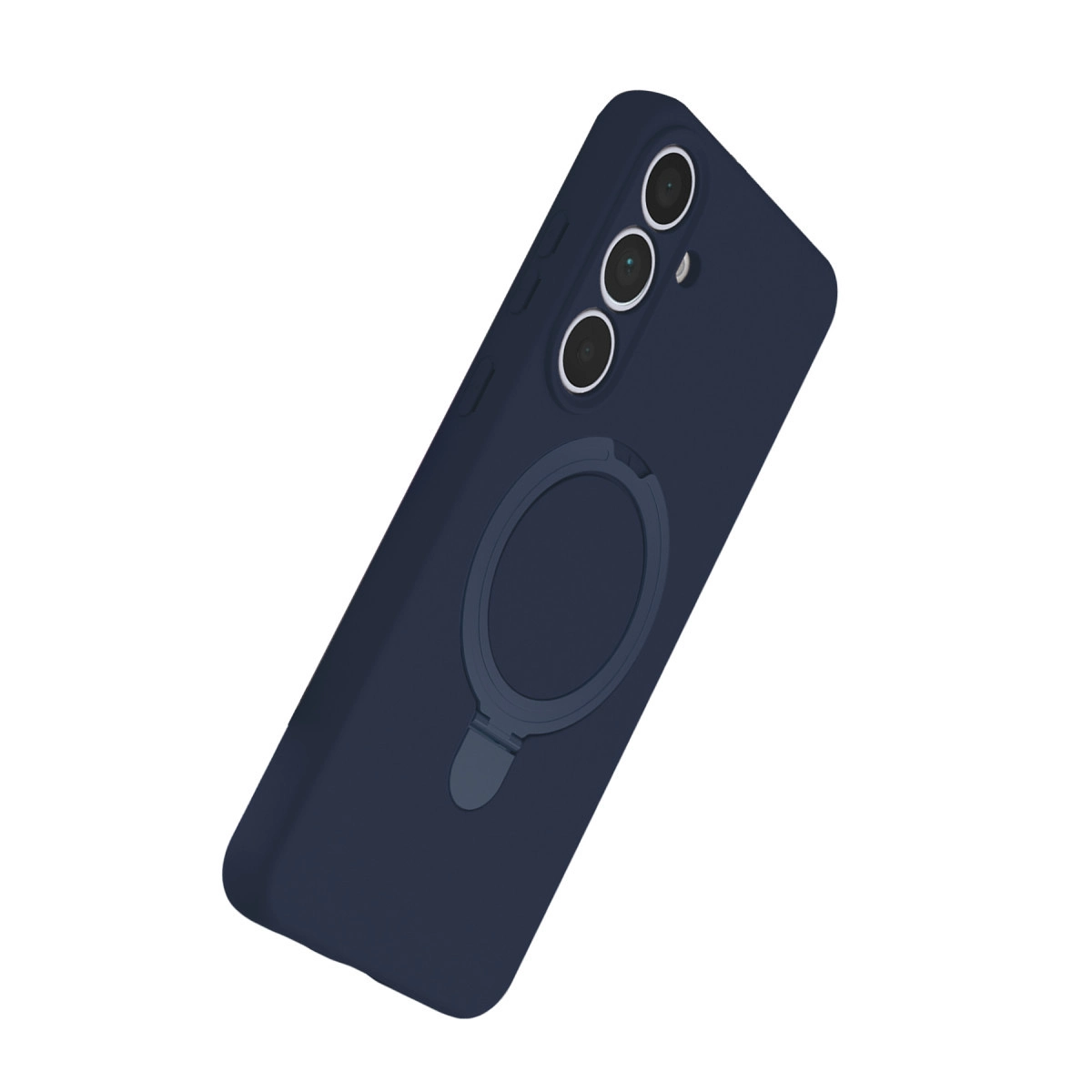 Üç kameralı ve halka tutuculu lacivert telefon kılıfı.