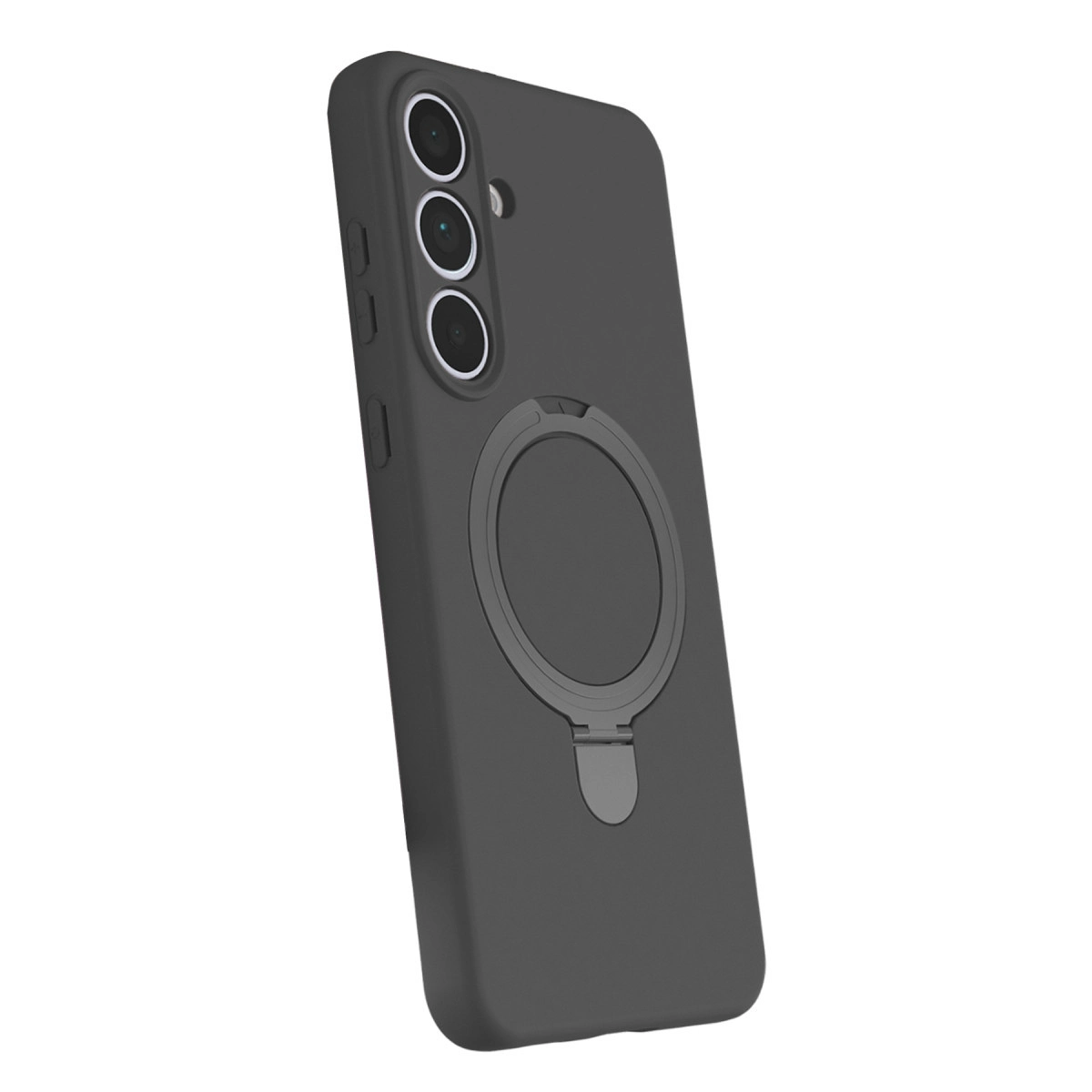 Üçlü kamera ve halka tutuculu koyu gri telefon kılıfı.