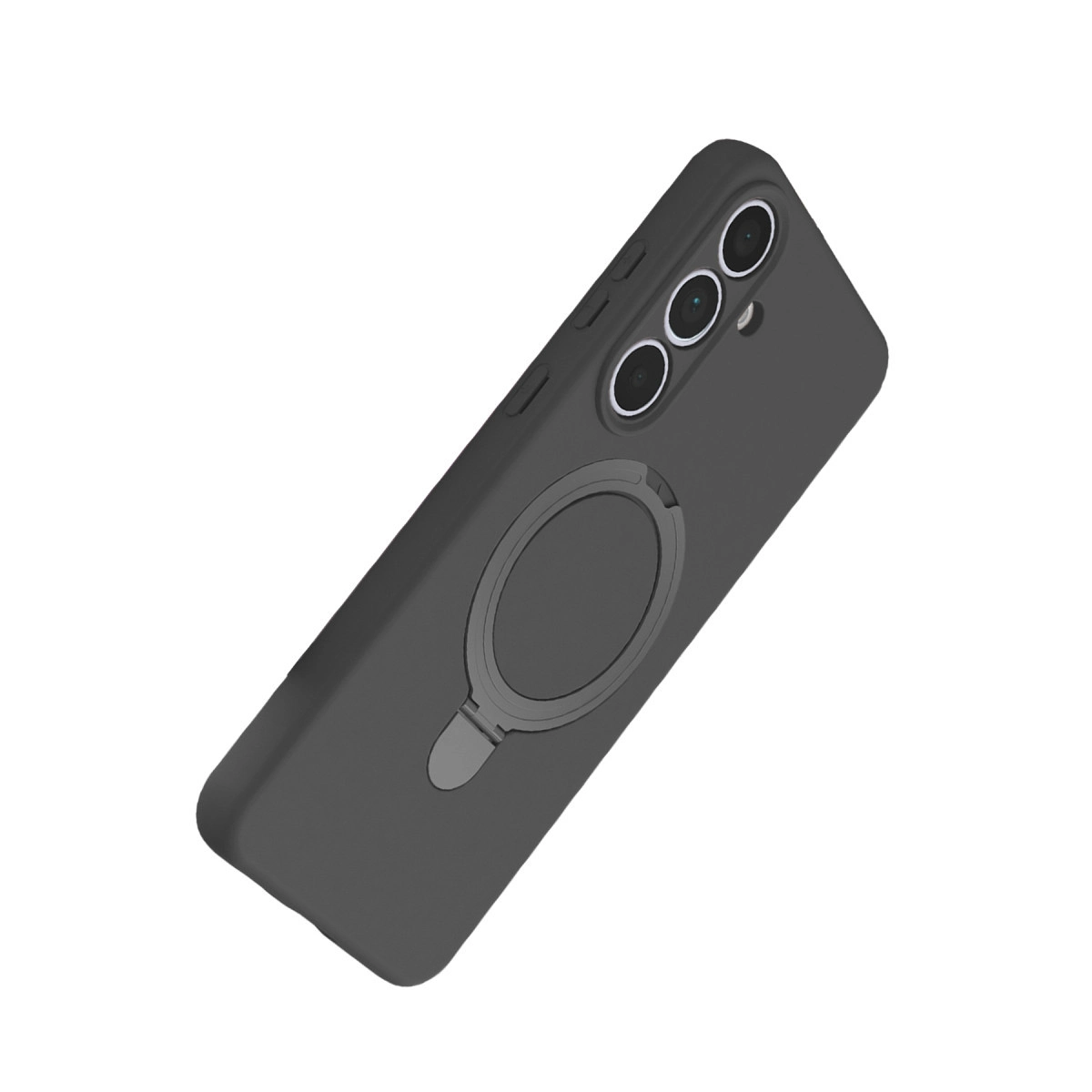 Üç kameralı ve halka tutuculu koyu gri telefon kılıfı.