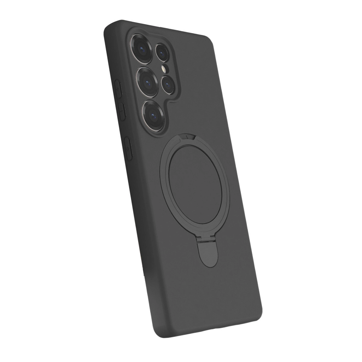 Dört kameralı, halka tutuculu siyah telefon kılıfı.