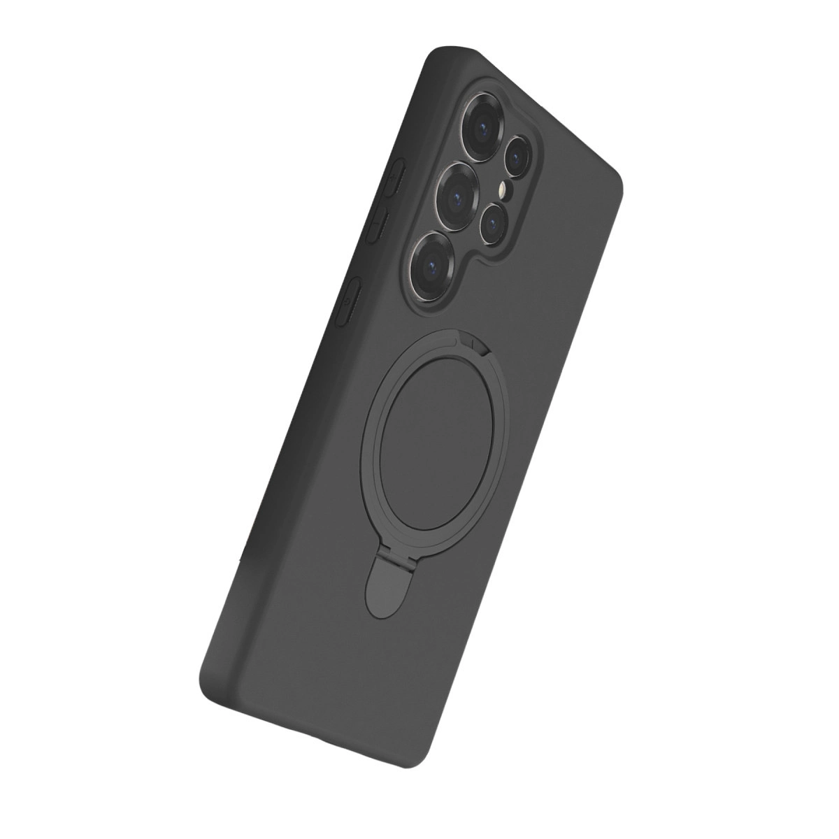 Halka tutuculu ve dört kamera lensli siyah telefon kılıfı.