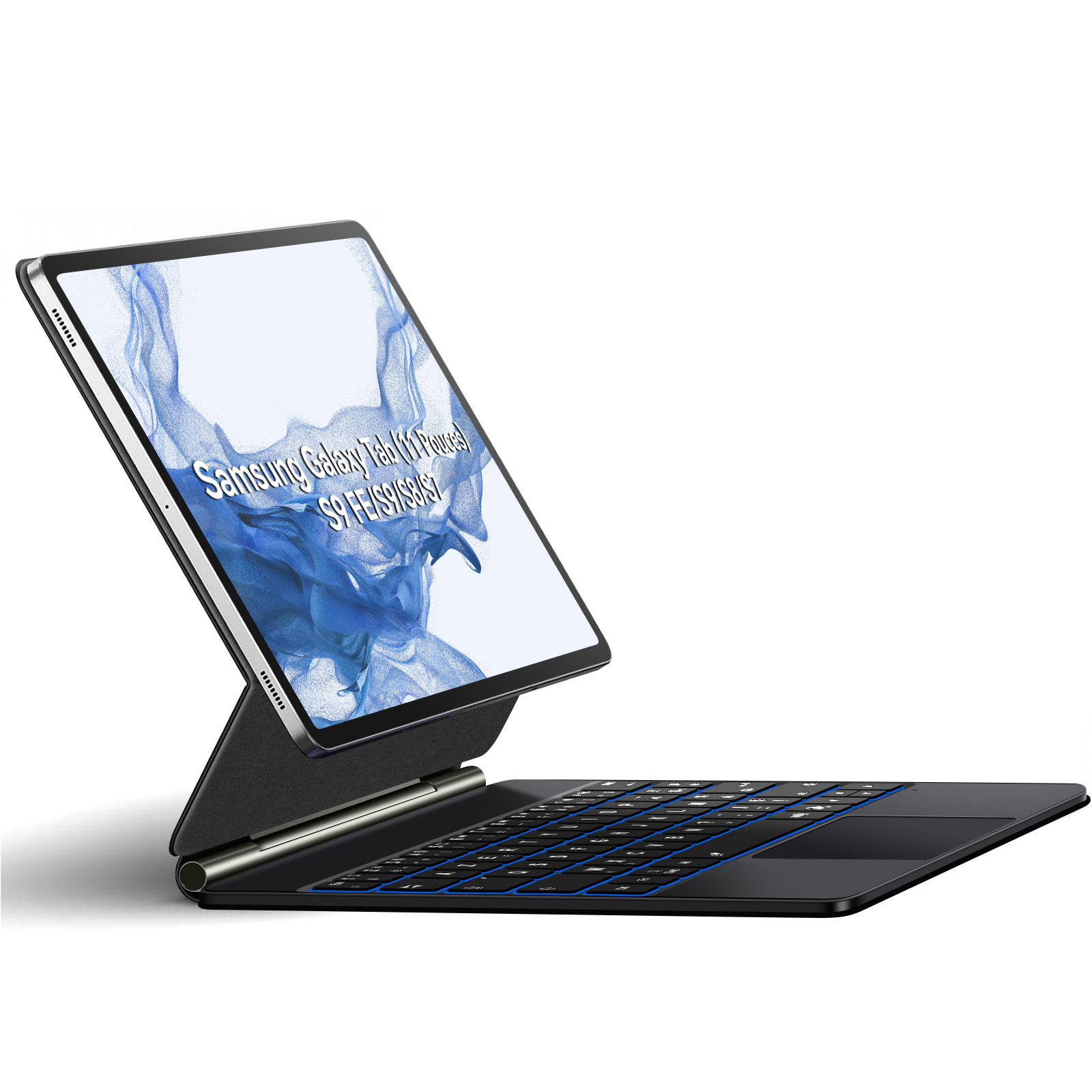 Ein Tablet mit Tastatur, das auf einem weißen Hintergrund steht.