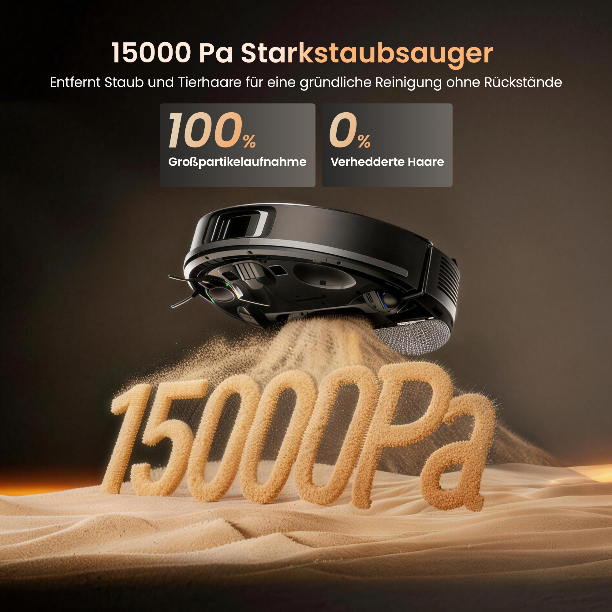 Ein Saugroboter saugt Sand auf, mit Text "15000 Pa".