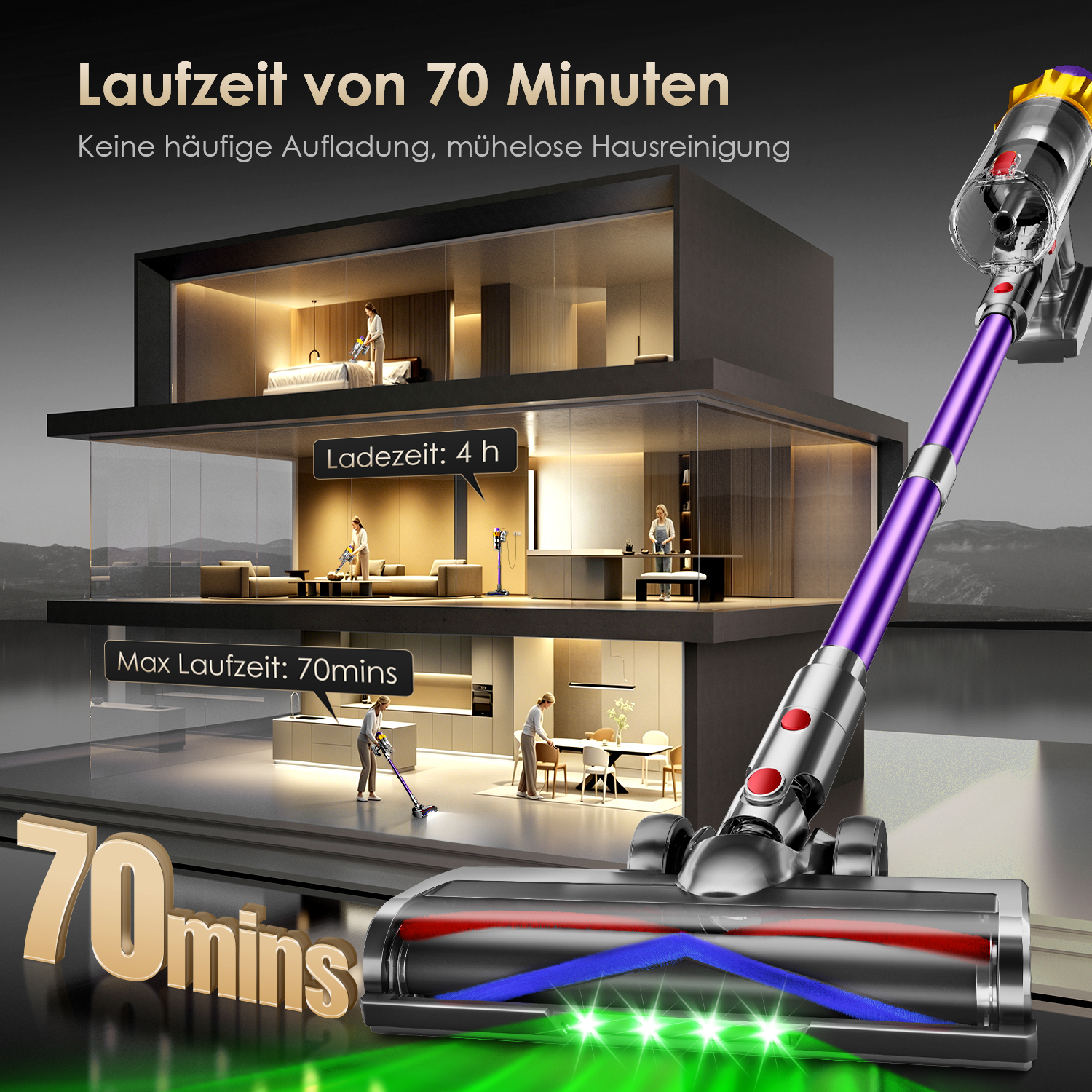 Ein violetter Akku-Staubsauger im Vordergrund. Mehrere Stockwerke eines modernen Hauses sind zu sehen.