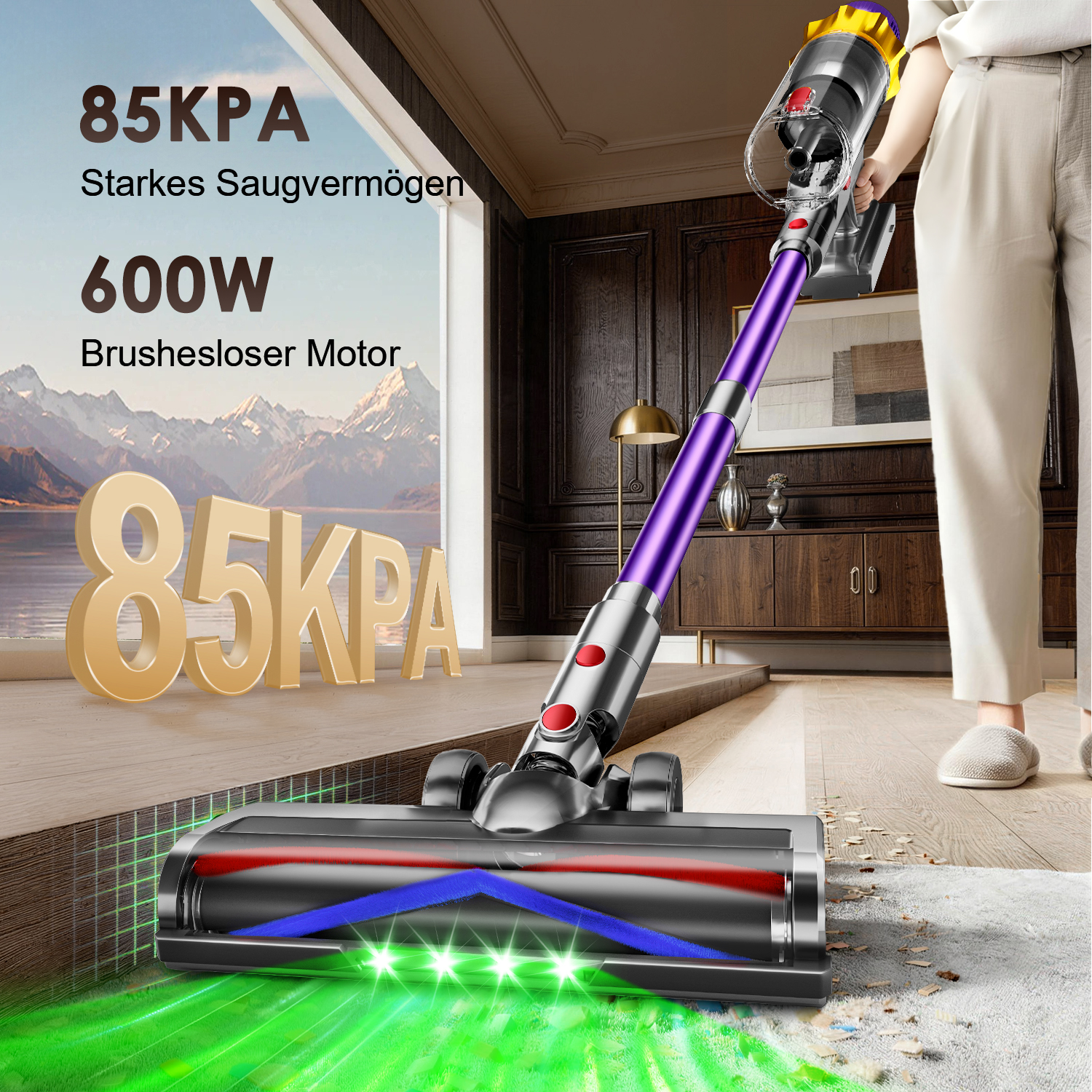 Ein Handstaubsauger mit lila Stiel reinigt einen Teppich. 85KPA 600W.