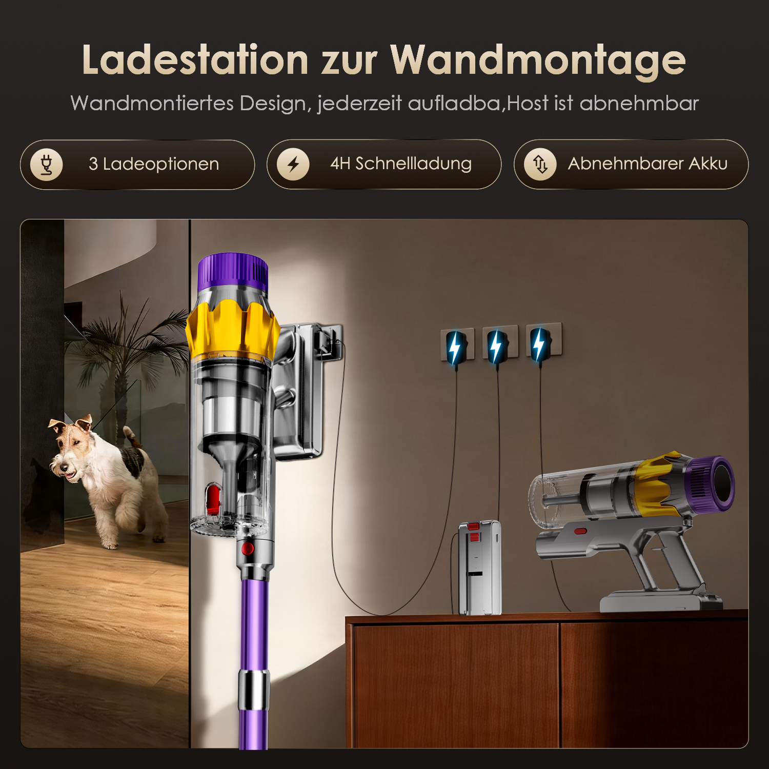 Wandladestation für Staubsauger mit Hund im Hintergrund.
