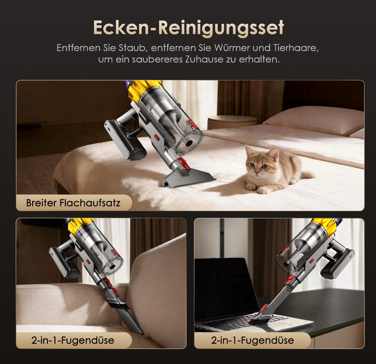 Ein Handstaubsauger mit Zubehör für verschiedene Reinigungsaufgaben im Haushalt.
