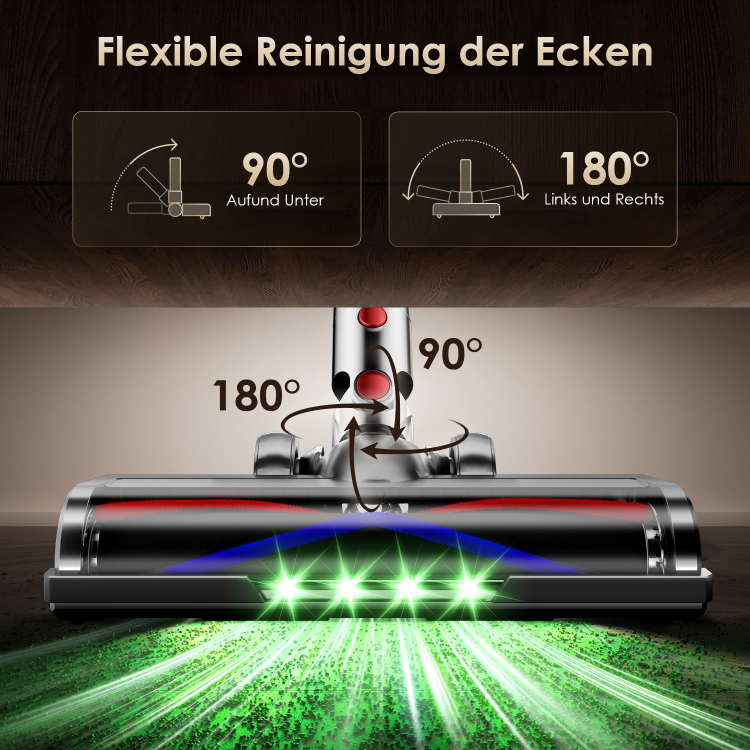 Vakuumkopf mit Lichtern reinigt Boden, 90° und 180° Flexibilität.