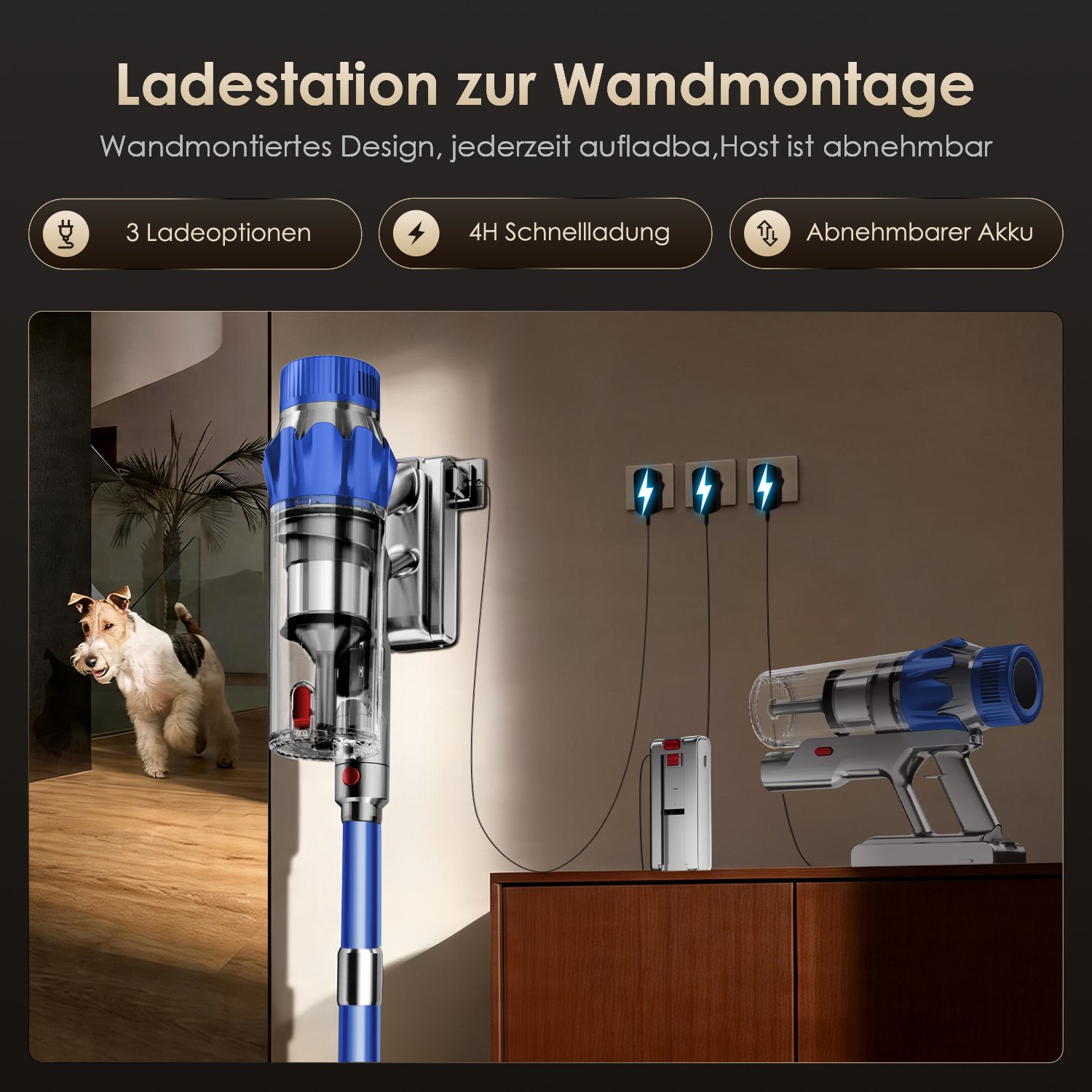 Wandladestation mit Hund, Staubsauger und Ladeutensilien auf einem Holzschrank.